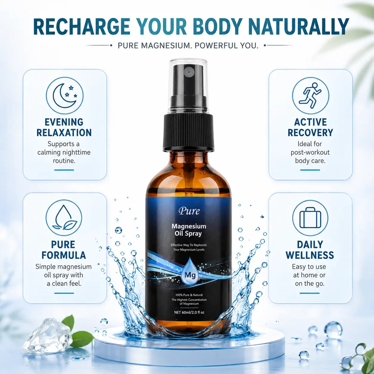 Natural Mg Pure Magnesium Mineral Oil Spray - Topical, Soothing, Gentle on Skin Body Oil for Athletes, Clean, Youth-Focused, Easy-Absorb, Non-Greasy Daily Minerals-Infused Bath & Body Care Liquid, Relaxation, Hydrating, Evening, 24 Months, Fitness Enthusi