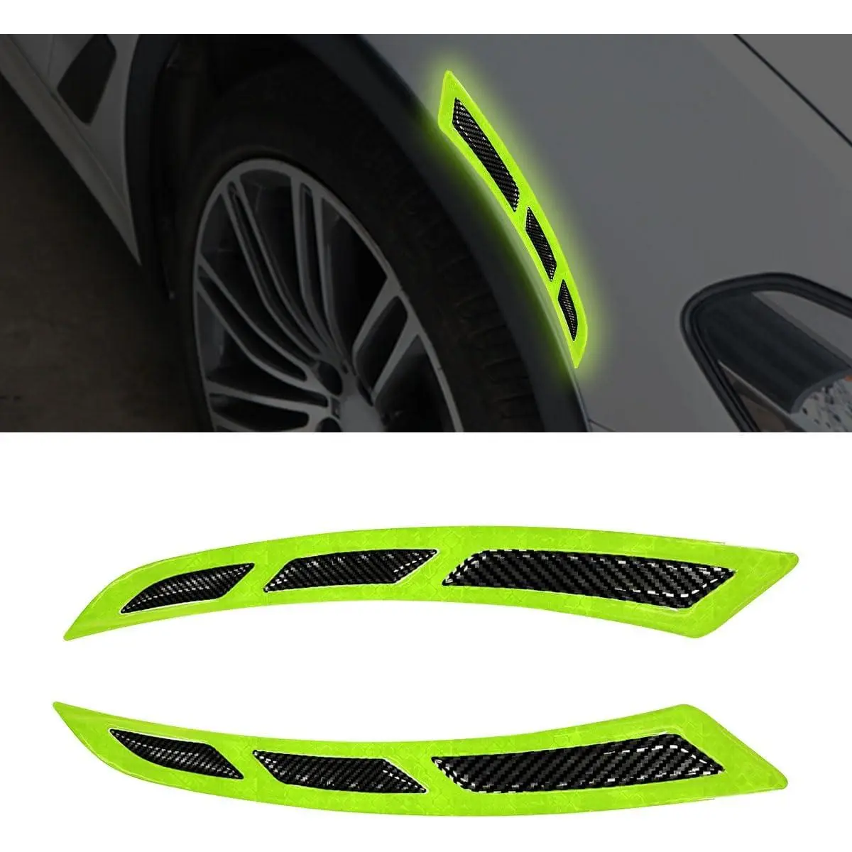 2 count  Bumper Reflective Stickers, Carbon Fiber Side Marker Sticker, Self-Adhesive  Door  Guards, Automotive Wheel Eyebrow Scratch Protection Reflector Safety Guard Strip (Green)