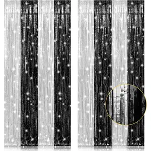 2 Pack 3.2 x 8.2 ft Black and Silver Foil Fringe Curtains Party Decorations, Sparkle Tinsel Curtain Photo Backdrop for Birthday Wedding Graduation Streamfidget toys