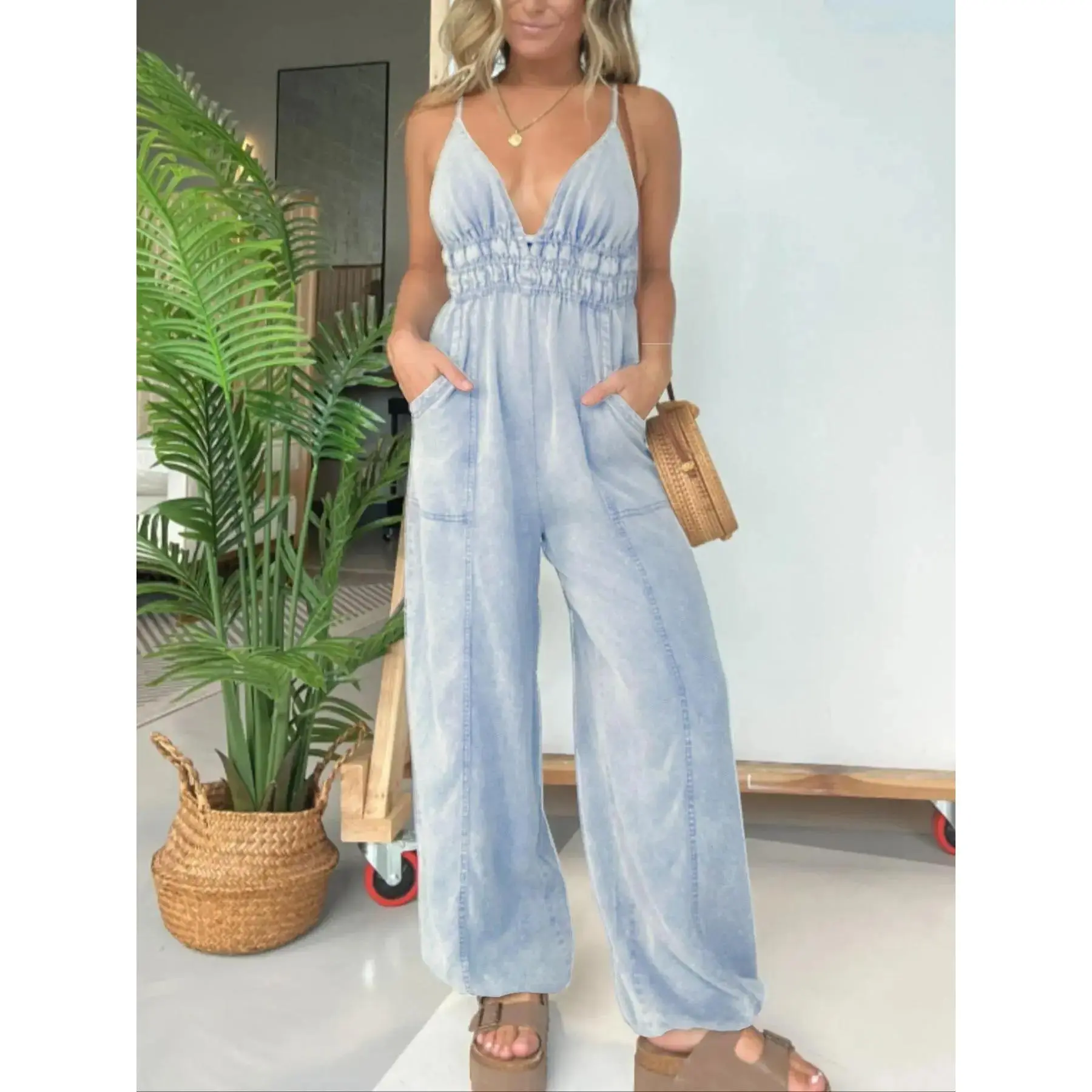 Classic Button Down Shirt, Backless Denim Cami Jumpsuit, Casual Pocket Wide Leg for Daily Wear, Ladies Clothes Womenswear All Seasons, Weekend, Minimalist Style, Loungewear, Easy, Aesthetic, Commute