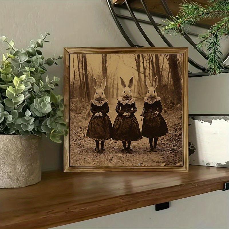 8" x 8" Vintage Victorian Rabbit Women Wood Wall Art - Farmhouse Style Signage with Golden-Toned Frame, Dark Brown Rabbit Painting for Living Room, Bedroom, Bathroom, Office Decor - Rustic Home Decoration & Holiday Gift Idea