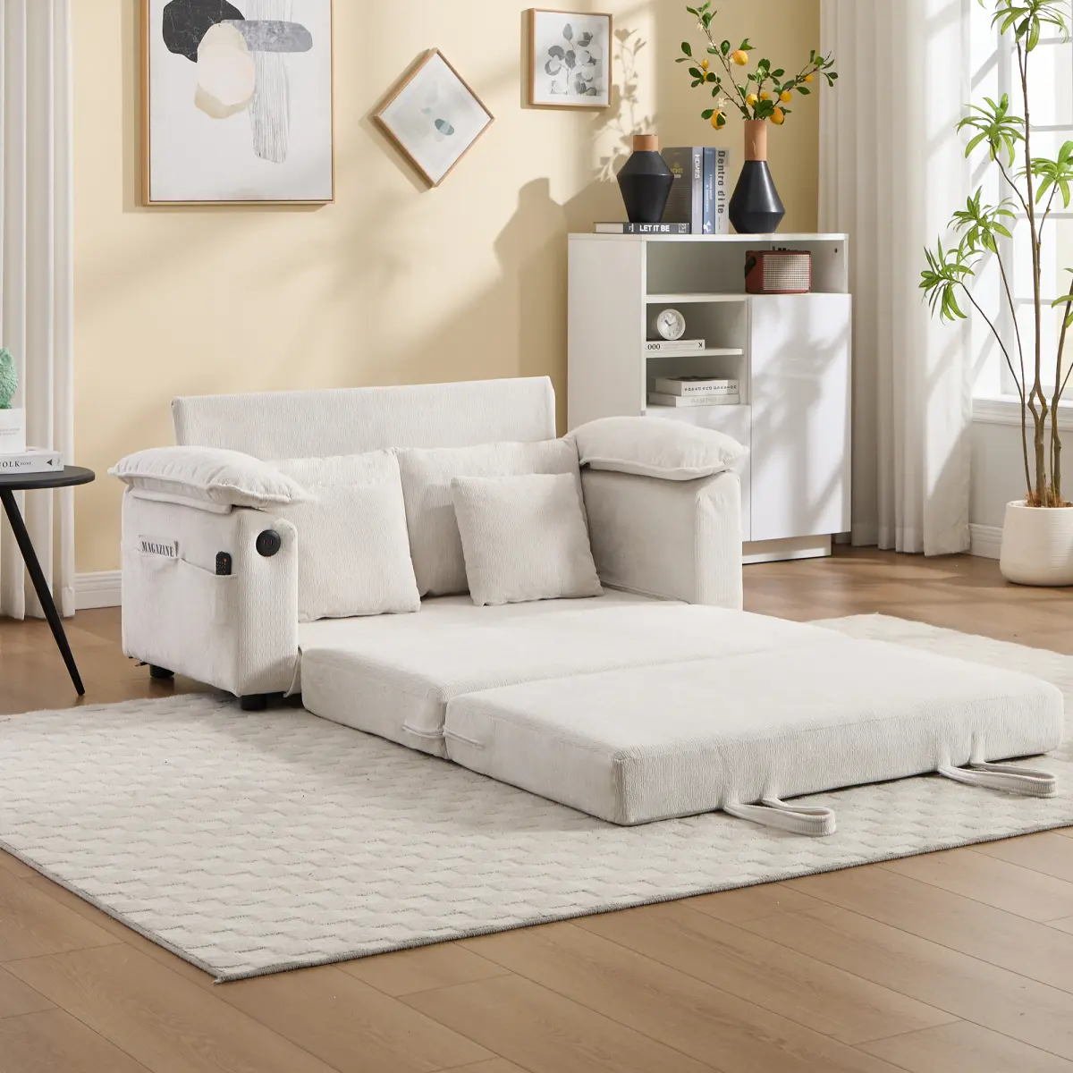 White 58-in 3-in-1 Retractable Tufted Detail Chenille Sofa Bed Loveseat - Foldable Frame, Pull-Out Sleeper, Folding Mattress, Side Pockets, USB Charging, Easy Setup - 53.27x25.99x31.50 in, 76.50 lbs - Living Room Space-Saving Furniture, Convertible Sofa B