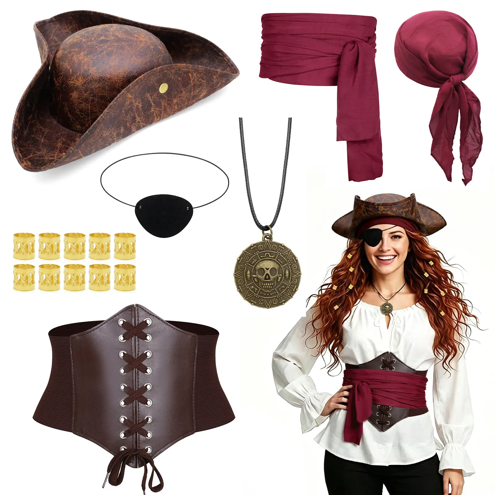 Classic Pirate Costume Accessories, 5-Piece Unisex Eye Patch Set with Adjustable Belt, Hat, Necklace, and Headband for Halloween Theme Parties, Adjustable Size, Clothes, Basic, Lady