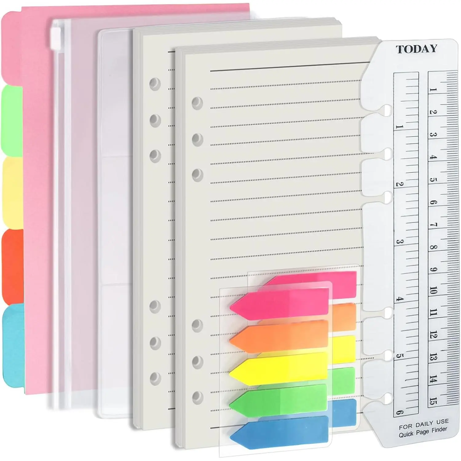 A6 6 Holes Binder Refill Value Set, 90 Sheets Ruled Line Planner Insert, 5 Sheets Binder Paper Dividers, Translucent Planner Pocket, PVC Binder Card Bag, 200 count Colorful Index Stickers