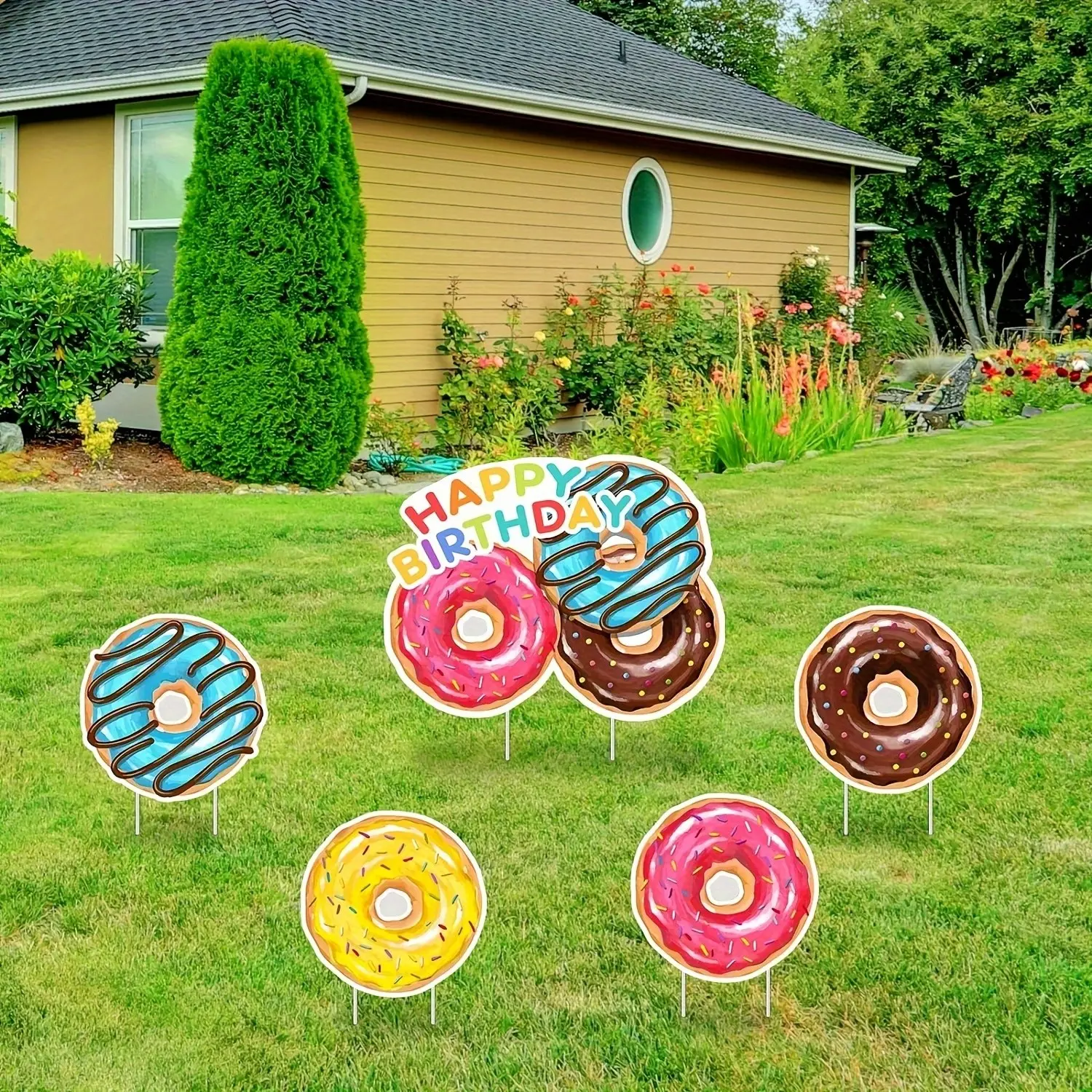 2D Flat Happy Birthday Donut Yard Sign, Donut Party Supplies, Sweet Donut Party Decoration, Kids Party Favor Ideas, 5 Pcs