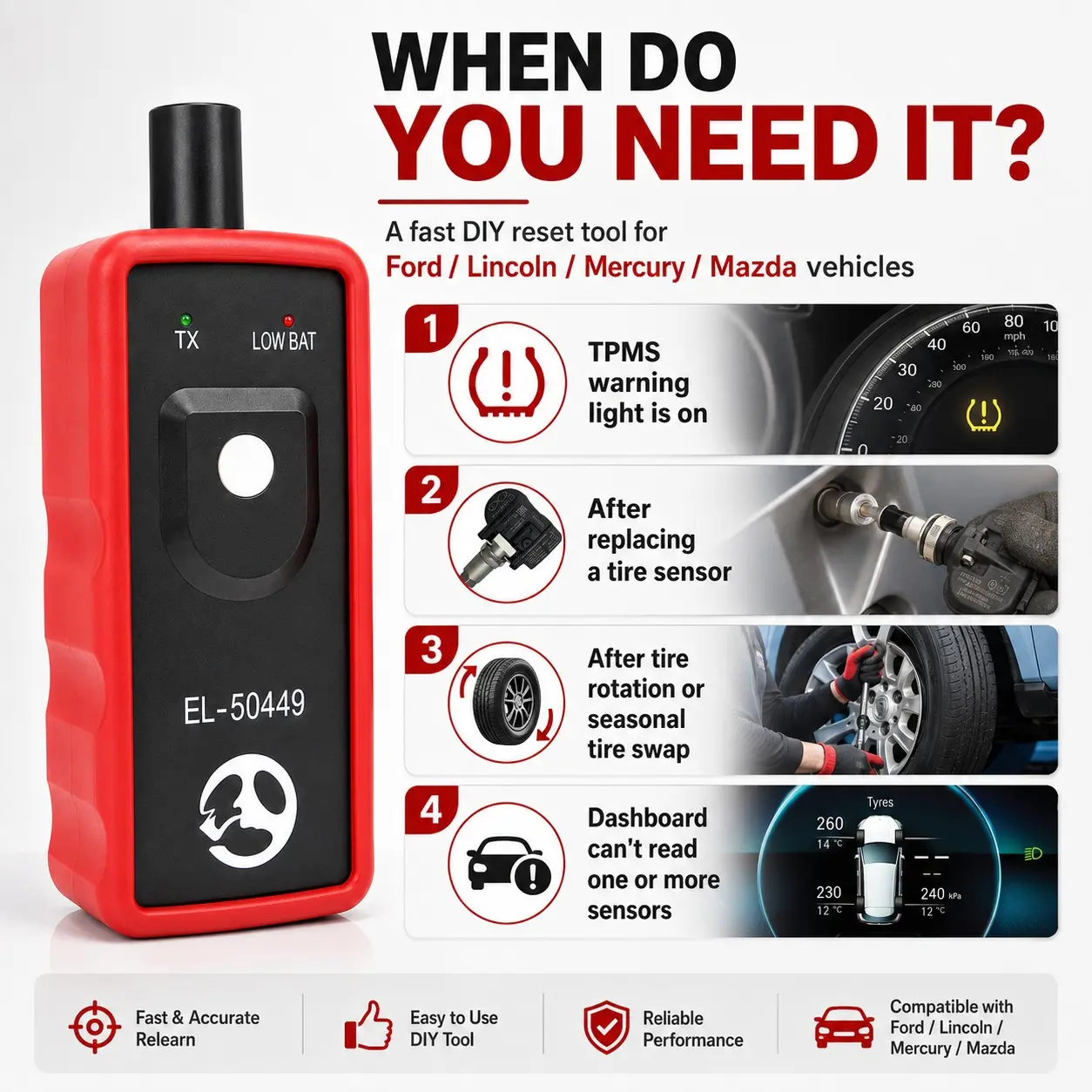 El-50449 Tpms Relearn Tool for Ford Lincoln Mercury Mazda, Tire Pressure Sensor Reset Tool, One Button Relearn After Rotation or Replacement, Car Parts, Auto Parts