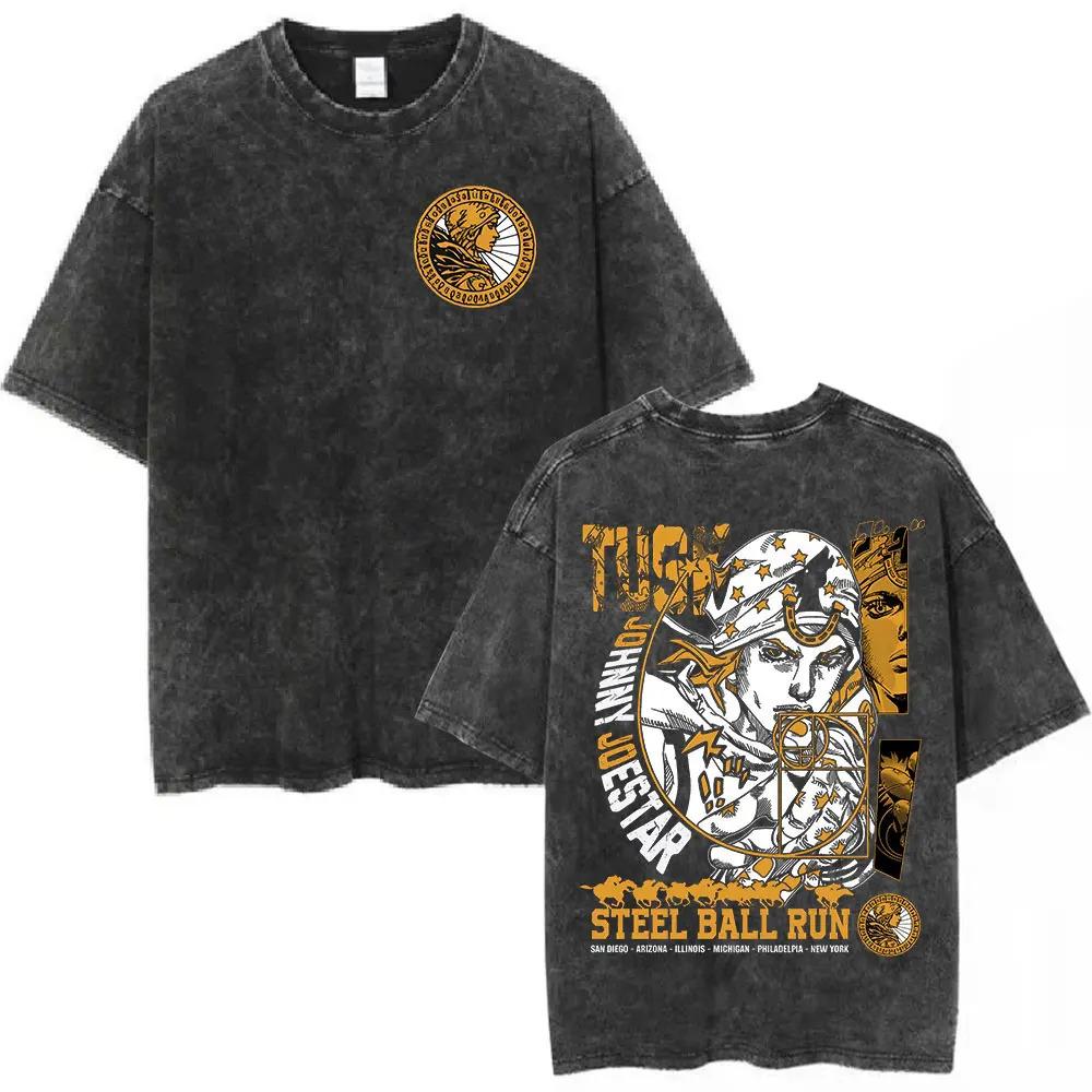 Anime Jojo Bizarre Adventure Vintage Washed T-Shirt Killer Queen Graphic T Shirts Men Women Casual Cotton Short Sleeves T-shirts