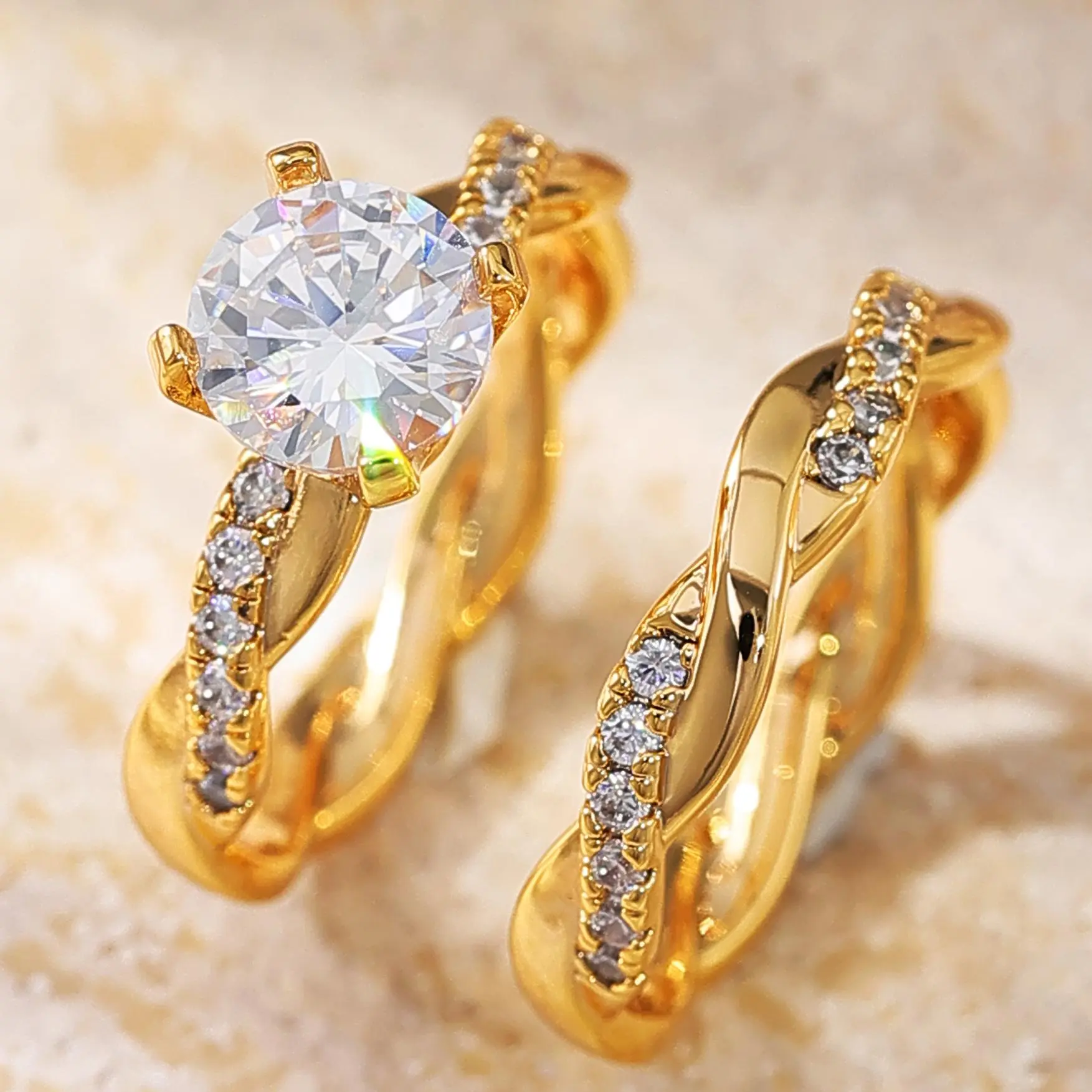 Couples Twisted Band Wedding Ring Set Elegant 4 Prong Solitaire Promise Ring Matching Husband Wife Jewelry Gift
