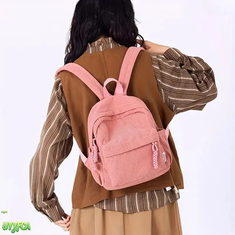 Women's Vintage Aesthetic Vertical Striped Corduroy Backpacks for School - Braided Bead Zipper Pull, Multi-Pocket, Side Water Bottle Holder, Adjustable Padded Shoulder Strap, Lightweight Casual Daypack for Beach Vacation