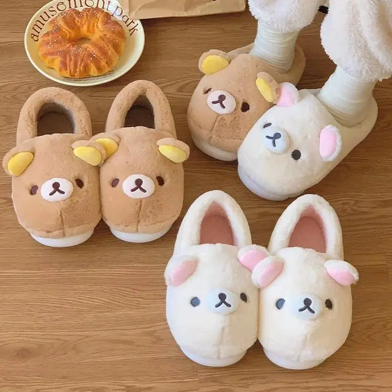 Japanese Kawaii Rilakkuma Cotton Slip-On Slide Slippers - Cute Winter Non-Slip Warm Insulated Flat Sole Indoor Slippers for Couples, Toys & Hobbies Gift