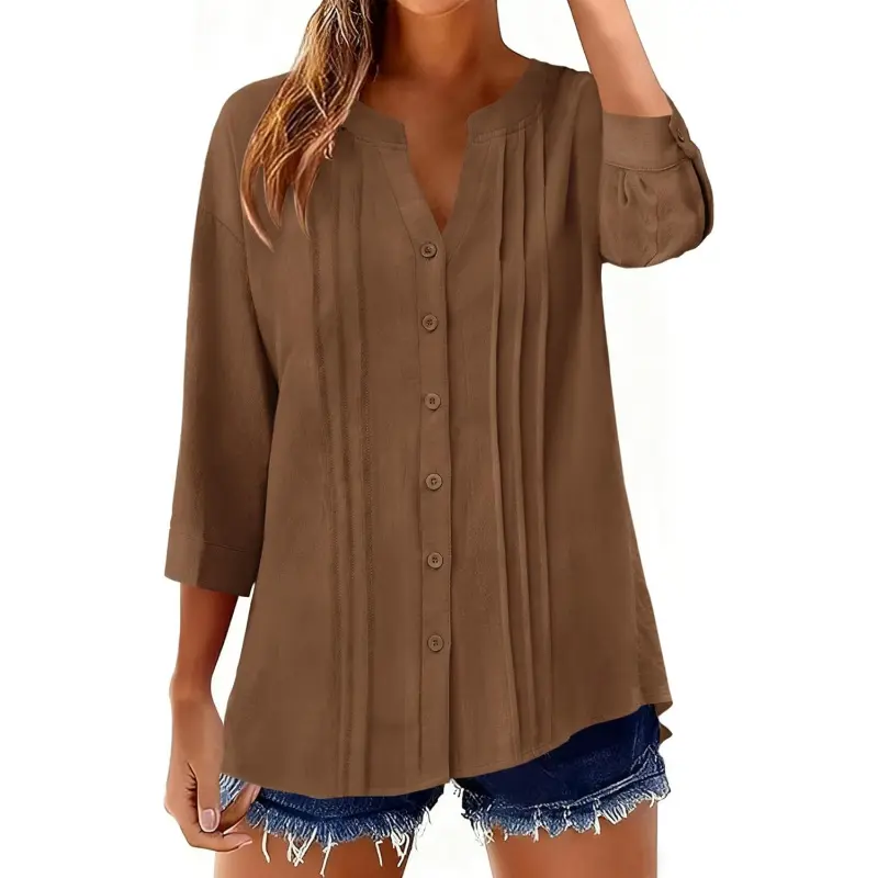 Micoson Women's 3/4 Sleeve Cotton Linen Button-Down Blouse - V-Neck, Pleated, Casual, Loose, Roll-Up Sleeve Basic Garment for Matching Leggings, Skirts with Drape Design, Garments, Everyday, Light, 3/4 Blouses & Shirts, Soft