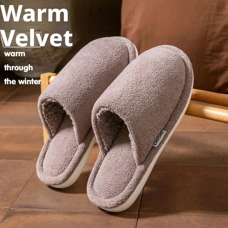 Women's Anti-Slip Sole Cotton Slippers - Fleece Blend Lined, Thickened, Warm, Open Slip-On, Simple Look, Indoor Use, Ideal for Elderly, Round Toe Heels