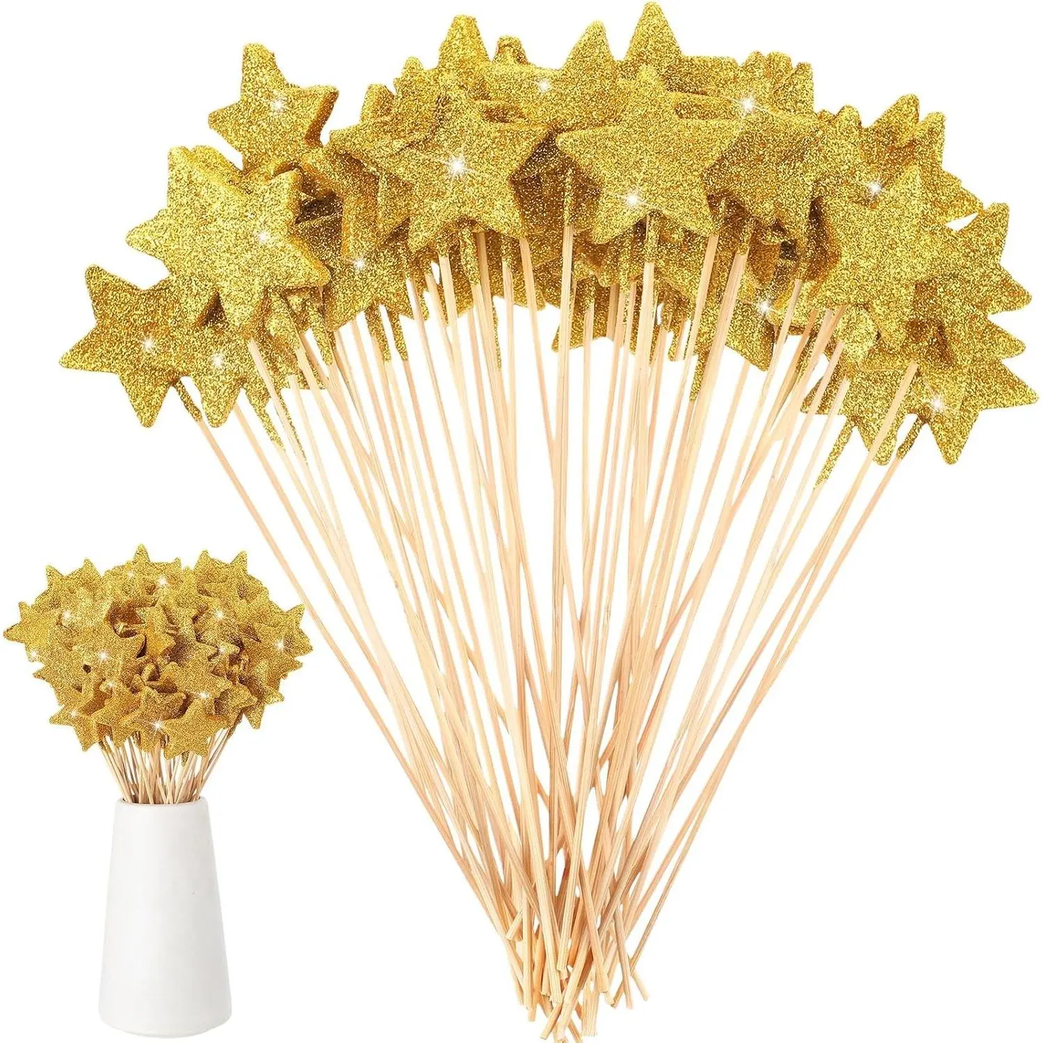 60 Pcs 8'' Golden Star Floral Pick, Glitter Star Centerpiece Table Decor, Sparkly Foam Stem Craft Stick for Floral Arrangement Wreath Graduation Wedding Bridal Baby Shower Birthday