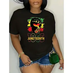 1pc Juneteenth Celebration T-Shirt, Polyester 95% Elastane 5% Knit Fabric, Casual Crew Neck Oversized Tee with Abstract Portrait Print, Medium Stretch Pullover for Spring/Summer