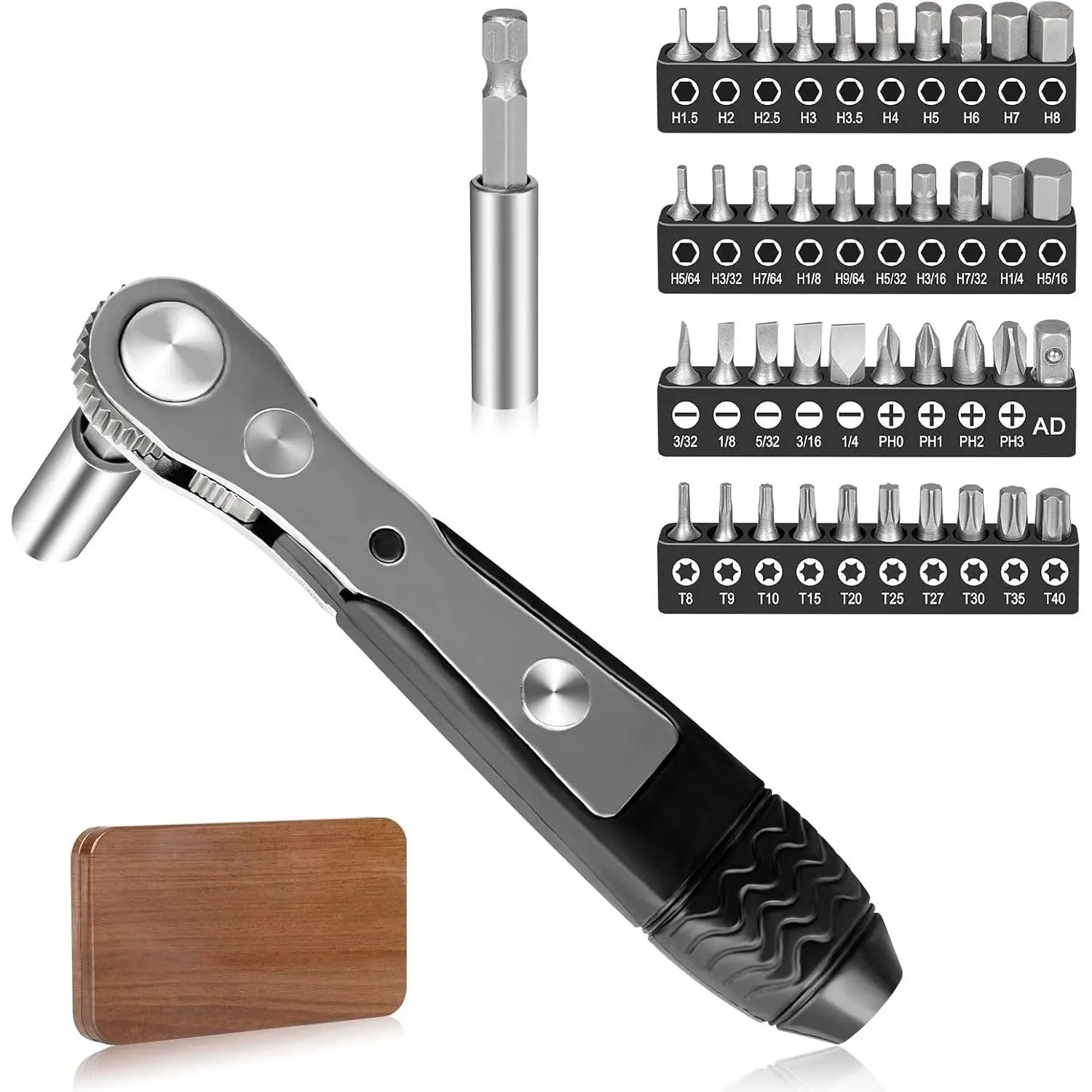Right Angle ,42 PCS 1/4 Mini Ratchet Set,90  Offset Ratcheting Wrench,Hex/Torx/Slotted/Phillips  Bits,Stocking Stuffers for Men&Women