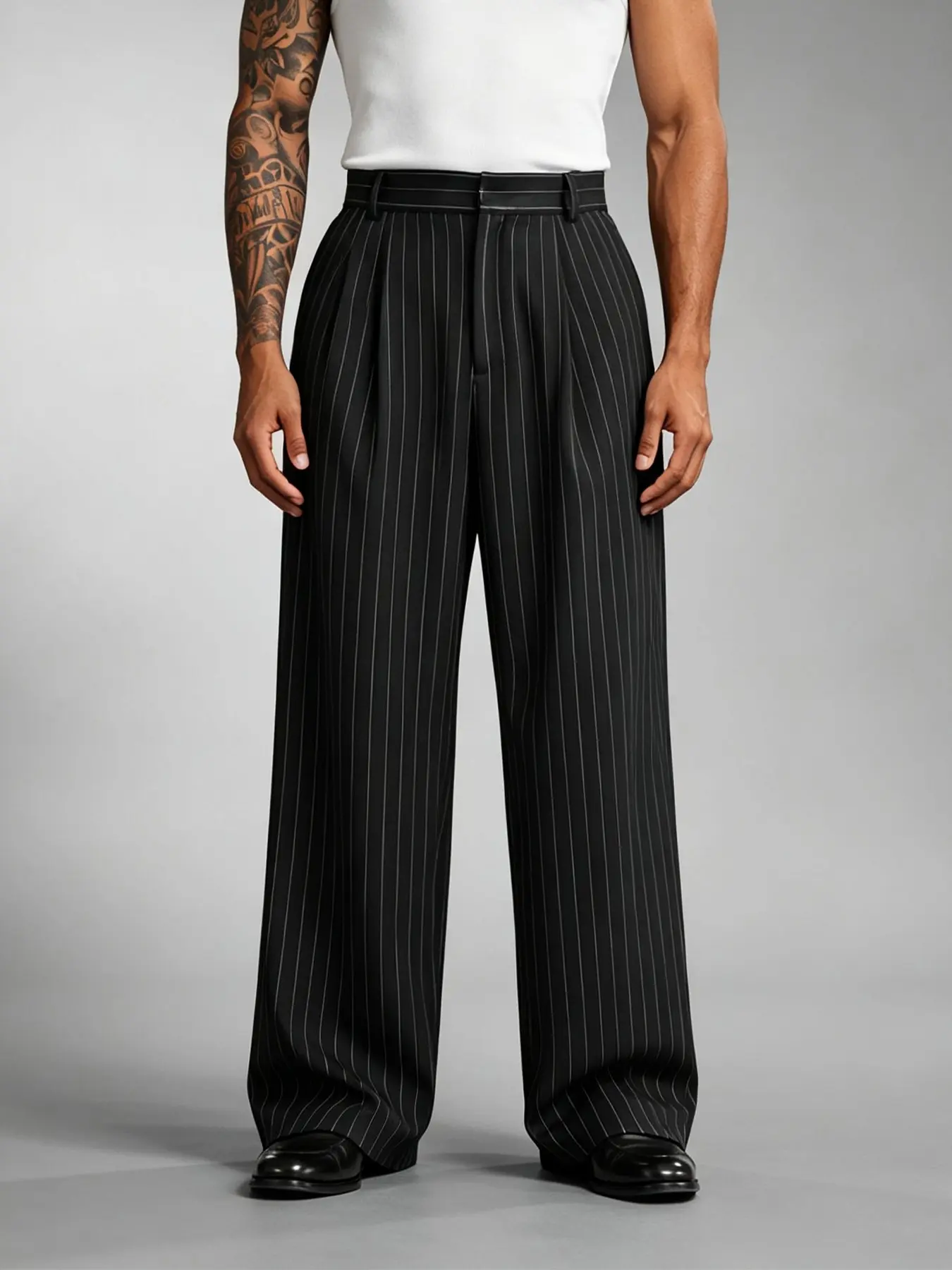 Men's High Waist Vertical Striped Pleated Wide Leg Formal Trousers, Business Wedding Smart Casual, Stylish and Comfortable