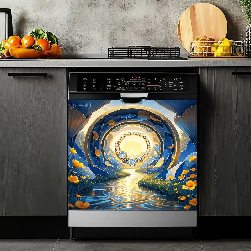 2D Flat 2Pcs Dishwasher Sticker Decorative Panel, Fantasy Blue River Stream Sunset Design, Self-Adhesive Removable Appliance Cover, Waterproof Kitchen Home Decor, Easy Clean Magnetic Front for Refrigerator Washing Machine
