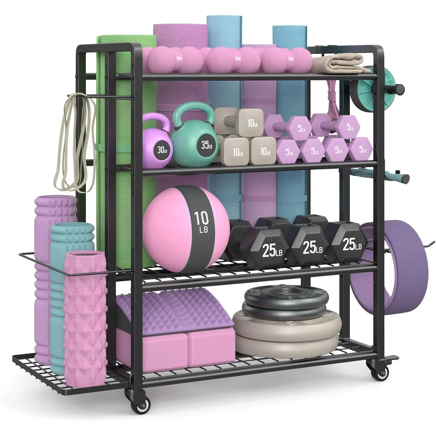 4-Tier Weight Rack for  Gym with Wheels and Hooks | Adjustable Gym Storage Rack for Dumbbells Kettlebells Yoga Mat, -in-, Space Saving, Heavy Duty Steel, Easy to Assemble