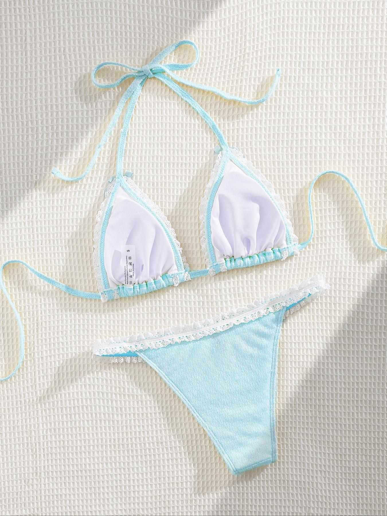 Two-Piece Set Women's Contrast Lace Bow Decor Bikini Set, Casual Tie Back Swim Bra & Swim Bottoms, Ladies Swimsuit for Beach Vacations, Summer Halter Bathing Suit