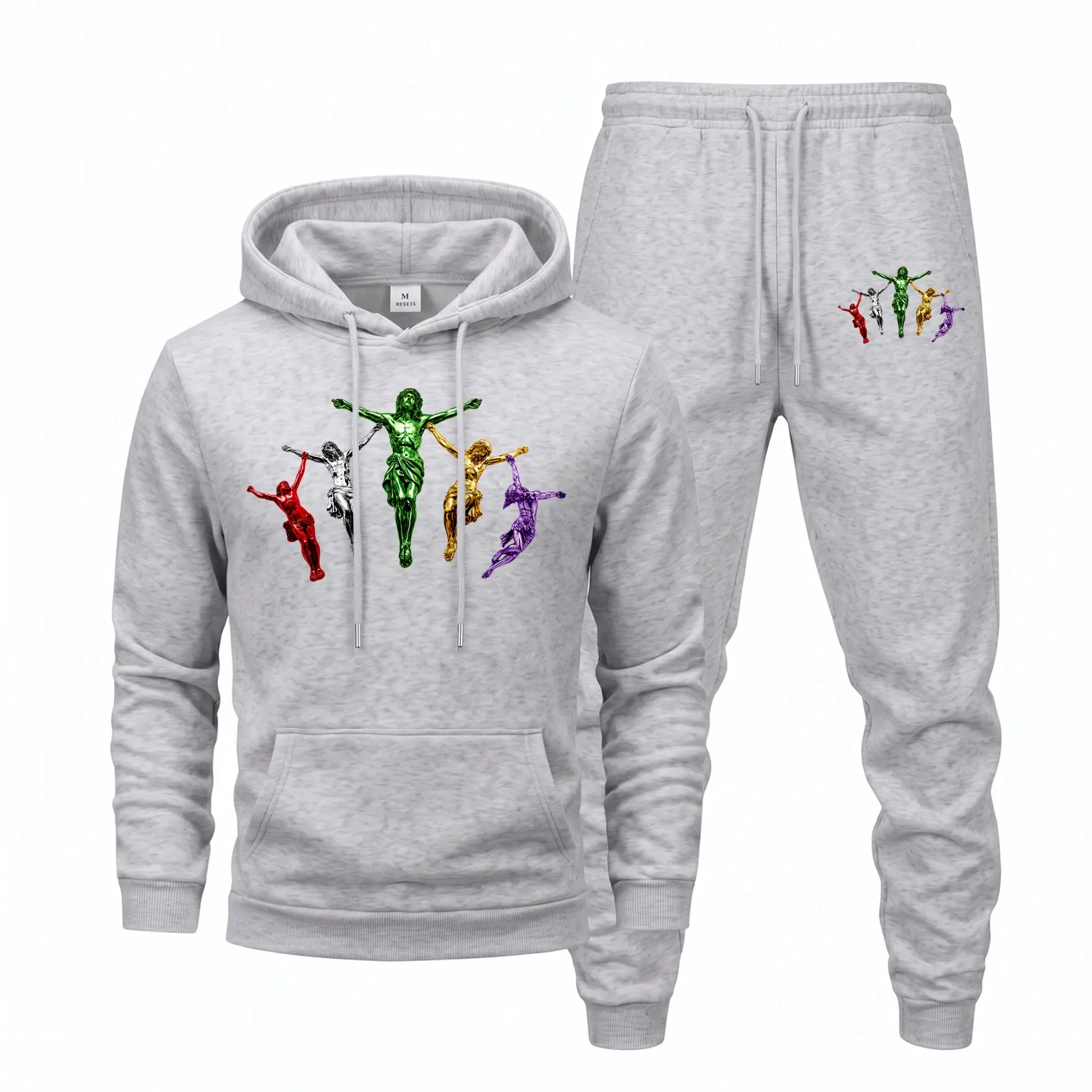 Men's Athletic Graphic Hoodie Set, Colorful Sports Figure Printed Pullover Hoodie with Jogger Pants, Urban Streetwear Tracksuit Outfit, Soft Fleece Two Piece Set for Men, Casual Outdoor Training and Everyday Fashion