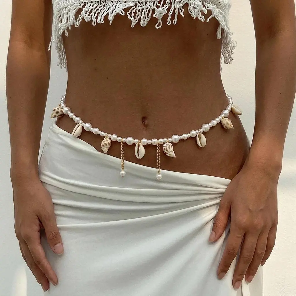 Resort Style Conch Pearl Waist Chain for Women Gold Tone Adjustable Layered Body Chain Summer Beach Dainty Jewelry