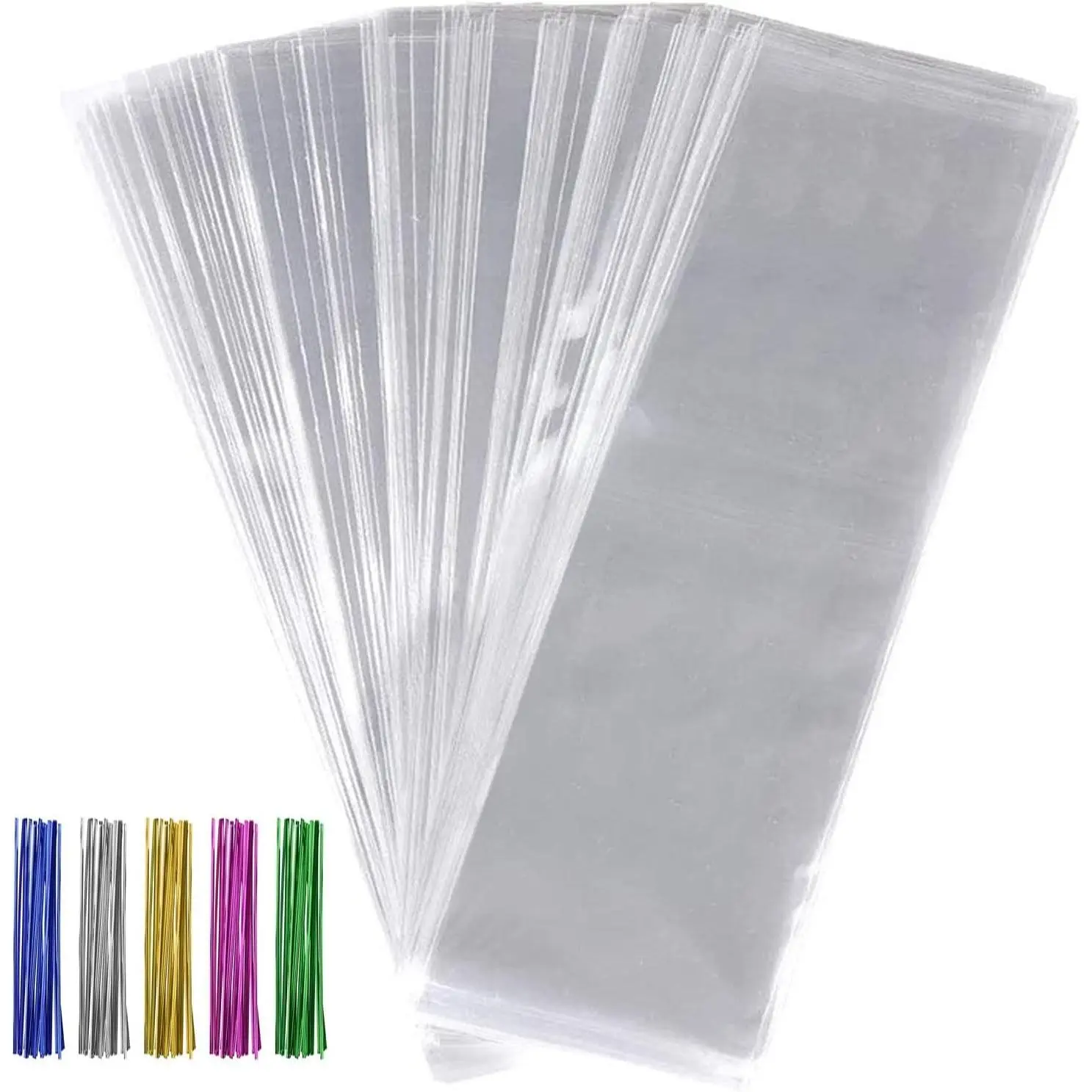 Cellophane Bags Set - 300pcs 3x11 Pretzels Bags Long Treat Bags Cello Cookie Bags for Chocobananas, Candy Kabob, Clear Bags with Ties