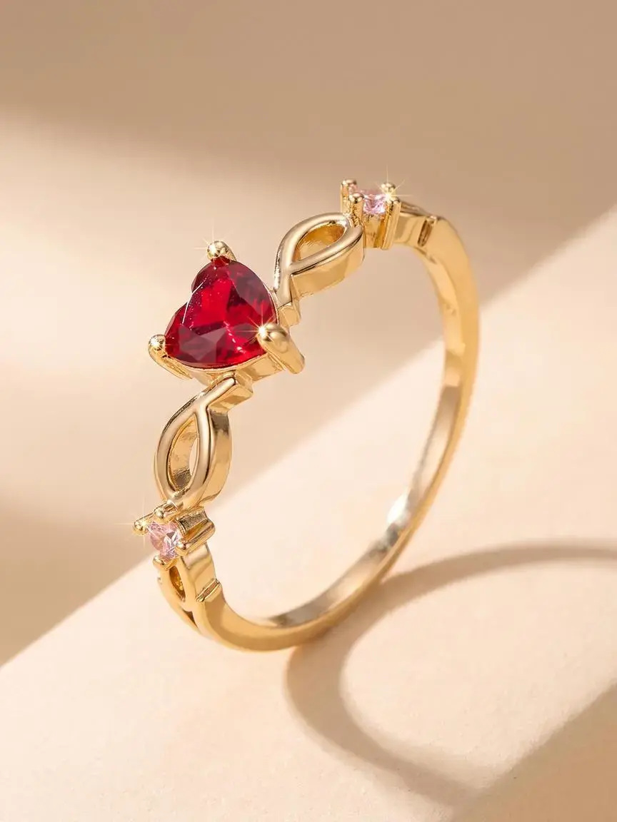 Fashion 18K Gold Plated Red Heart Zircon Women's Ring, Valentine's Day Christmas Gift, Bridal Wedding Engagement Jewelry, Daily Wear Decorative Accessories, Heart Shaped Ring, Beautiful Rings