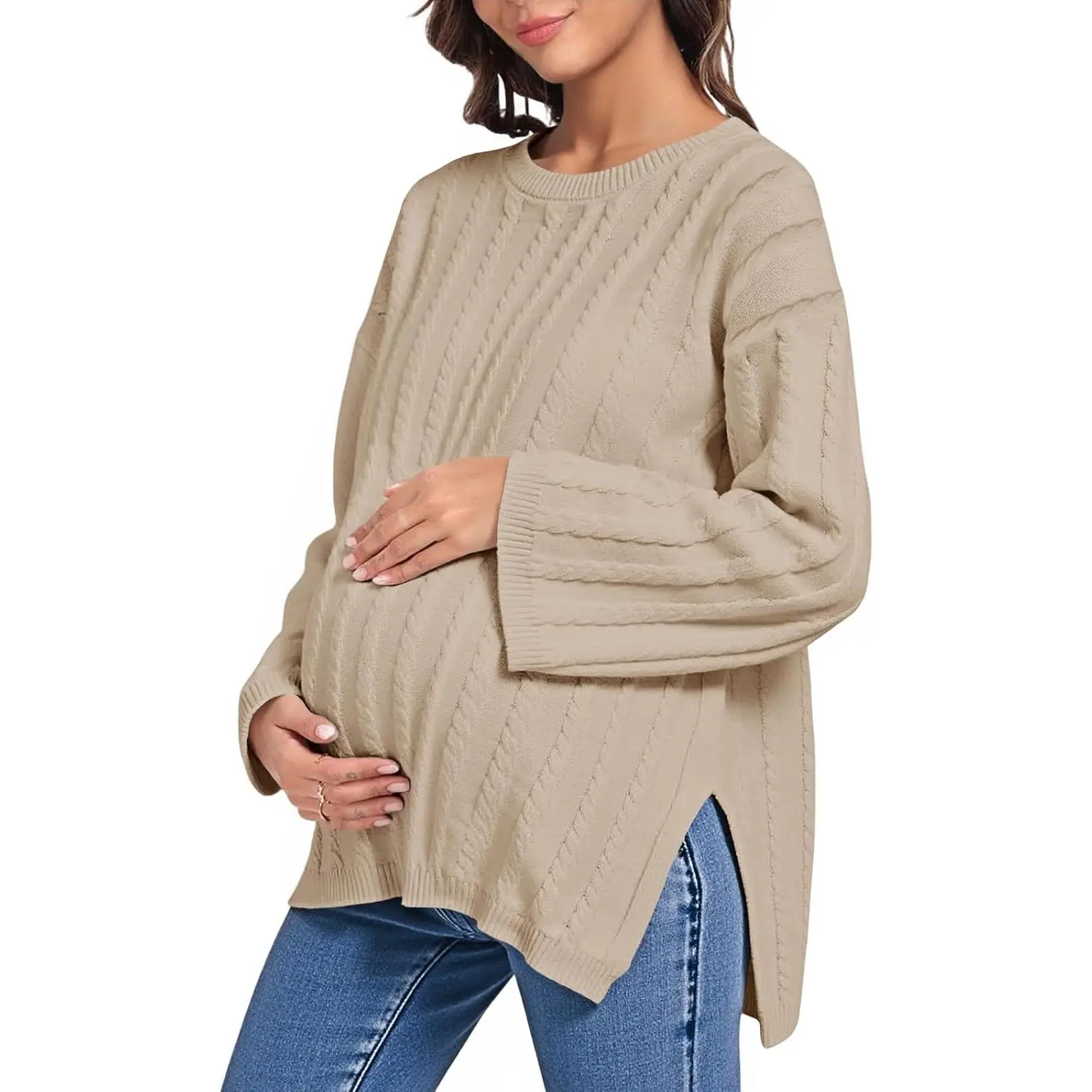 Aoysky Women's Black Maternity Sweater, Basic Plain Cable Knit Crewneck Top, Long Sleeve Pullover with Side Slits for Daily Wear, Polyester, Crew Neck, Elastane, Breathable And Warm, Casual, High-Quality Knitted Material, Knitting, Pregnancy, No
