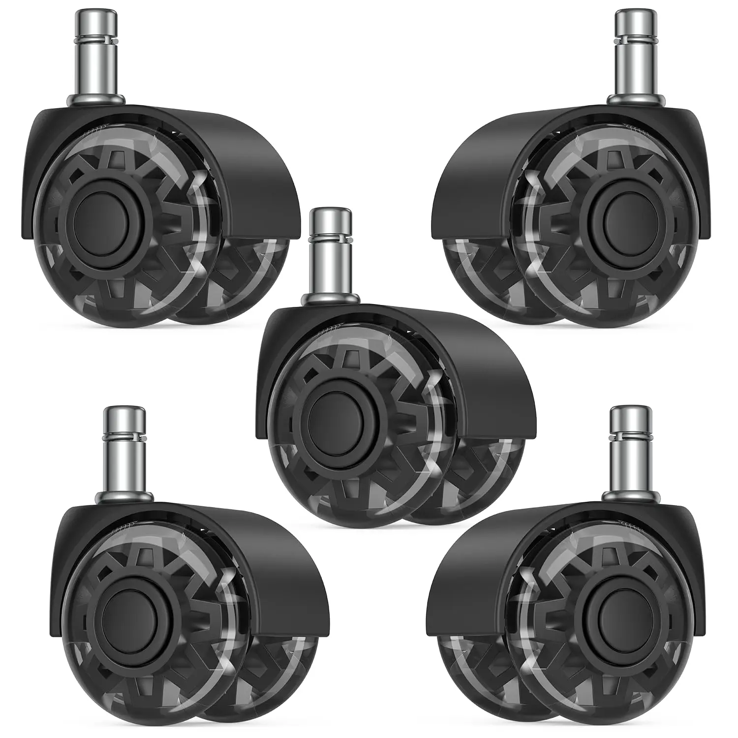 Office Wheels for Office & Gaming Chairs, 2" Polyurethane Roller Blade Wheels (Set of 5, 11x22mm), Quiet Duty Furniture Hardware for All Surfaces, Black