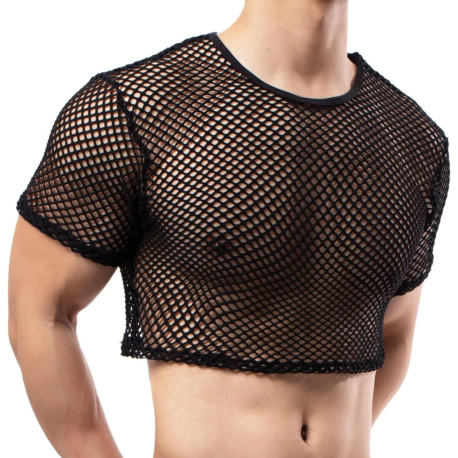 Men's Fishnet Crop Tops Mesh T Shirt See Through Undershirt Nightwear Sheer Shirt