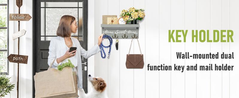 Wall-Mounted Key and Mail Holder, Wooden Key Rack With 4 Double Key Hooks, Rustic Home Decor for Entryway (Gray)