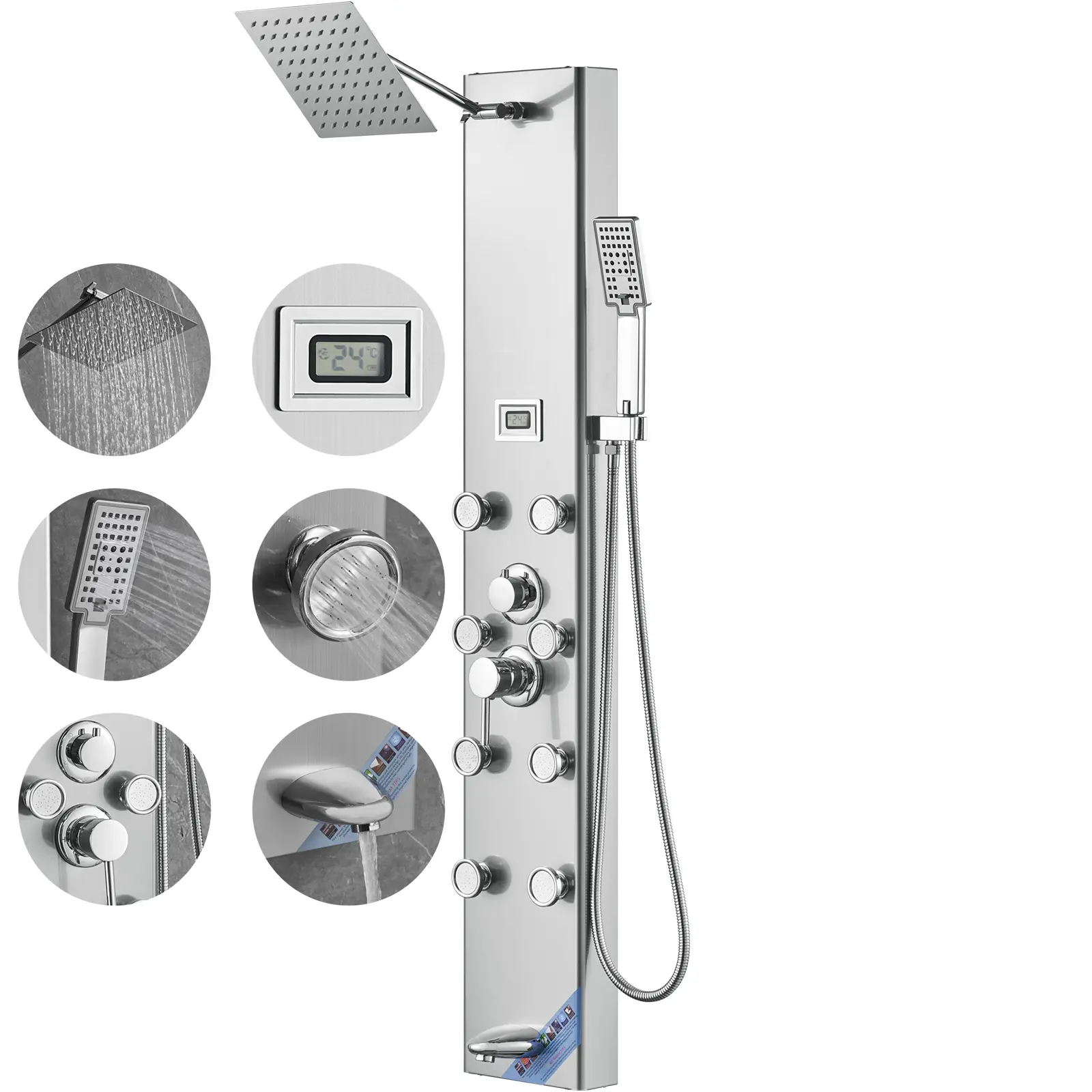 Shower Panel System, 5 Shower Modes, Digital Display Shower Panel Tower, Rainfall, 8 Massage Jets, Tub Spout, 3-Setting Handheld Shower Head 59" Hose, Stainless Steel Wall-Mounted Shower Set