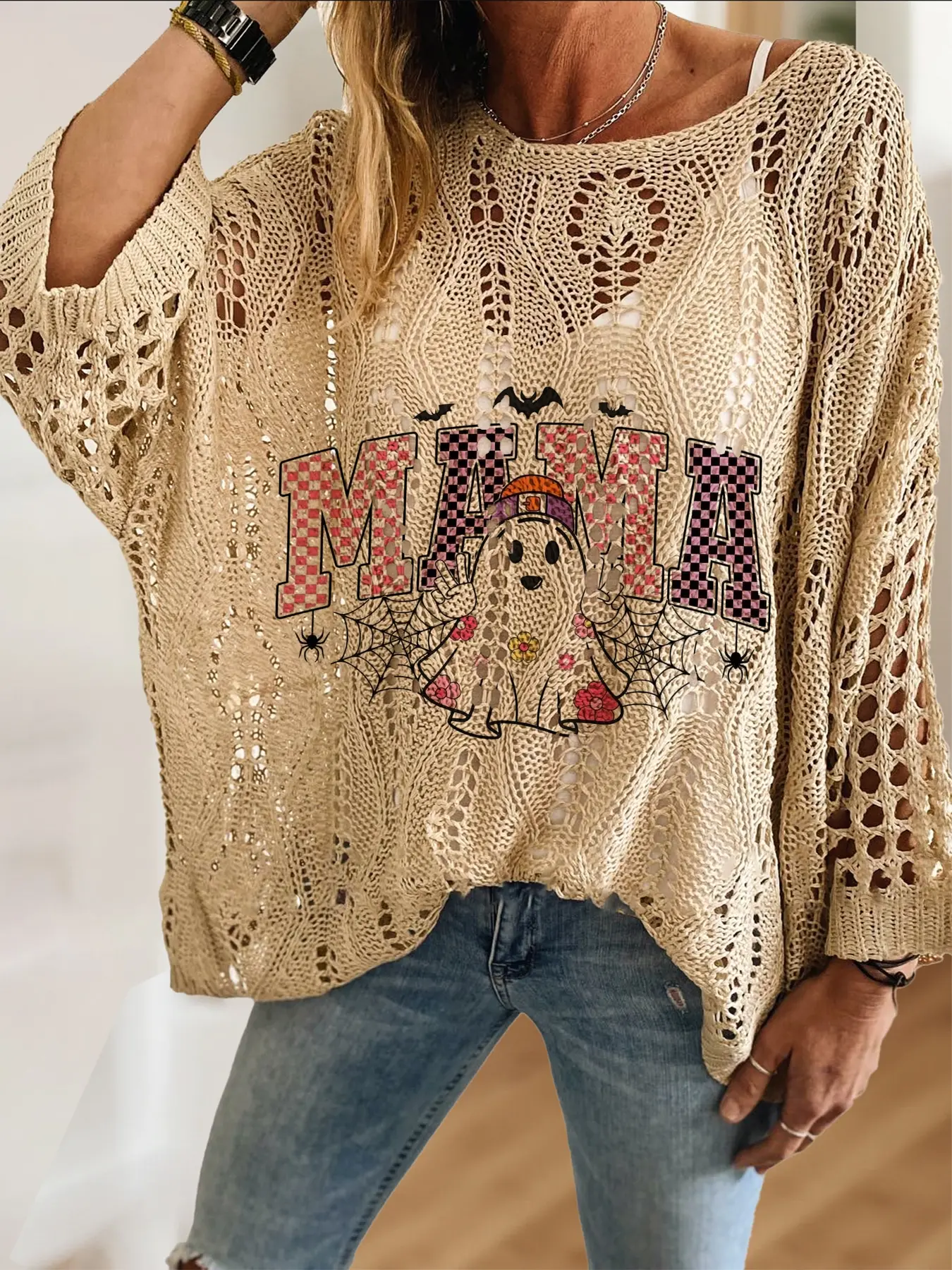 Women's Halloween Cartoon Ghost Print Long Sleeve Knit Top, Casual Elegant Vacation Style Sweater, Comfortable Breathable Women's Shirt