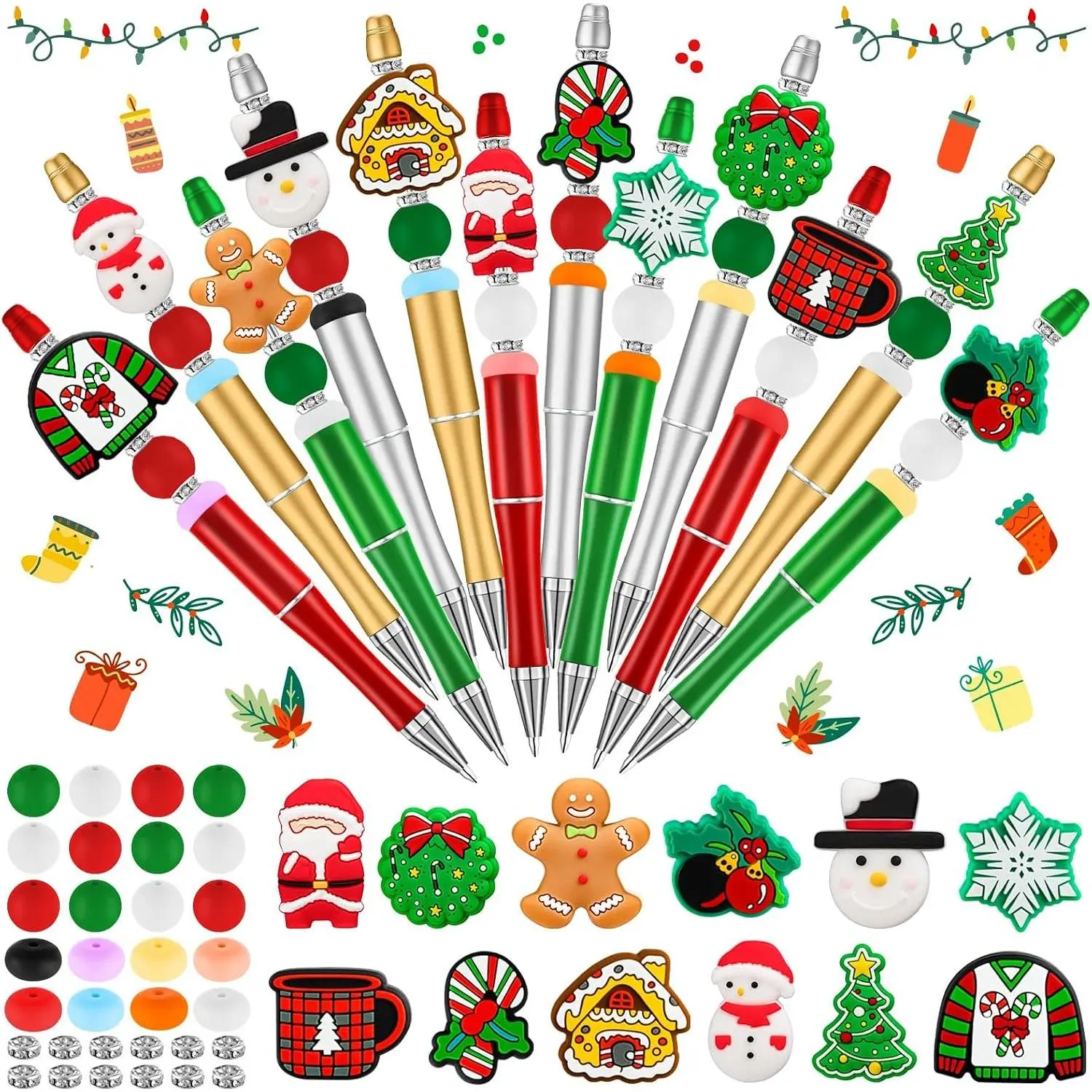 12 count Christmas Beadable  Bead Pens | Snowmen Santa Gingerbread Bead Ballpoint for Office School Women  Students Gifts