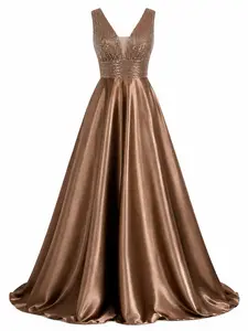 Women Deep V Sleeveless Sequin Bodice Waist Cinched Satin A-Line Maxi Dress With Pockets, Formal Evening Gown For Bridesmaid Wedding Guest Prom Gala