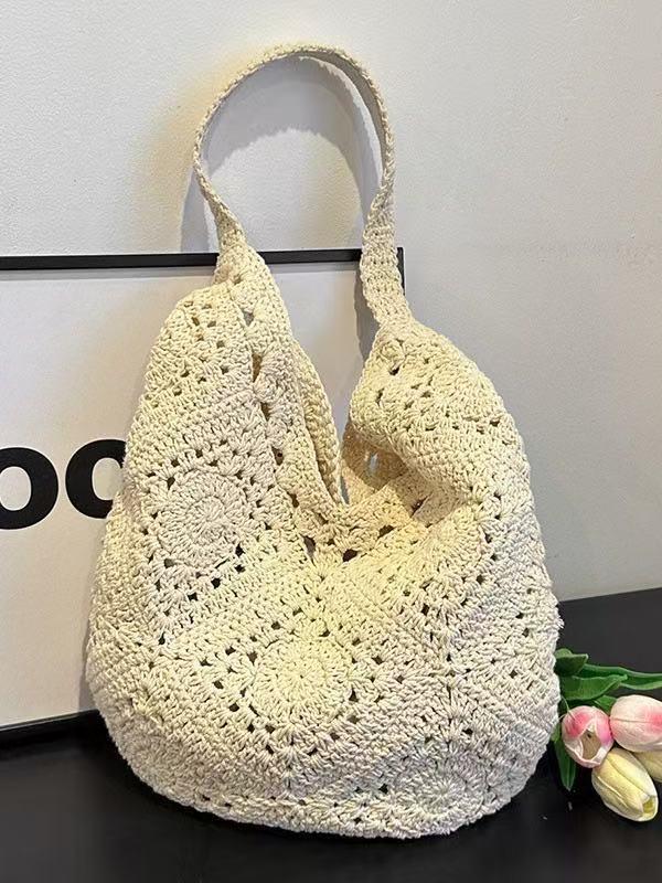 Versatile single-shoulder straw bag for women, high-end handmade cotton woven bag, large-capacity beach vacation tote bag