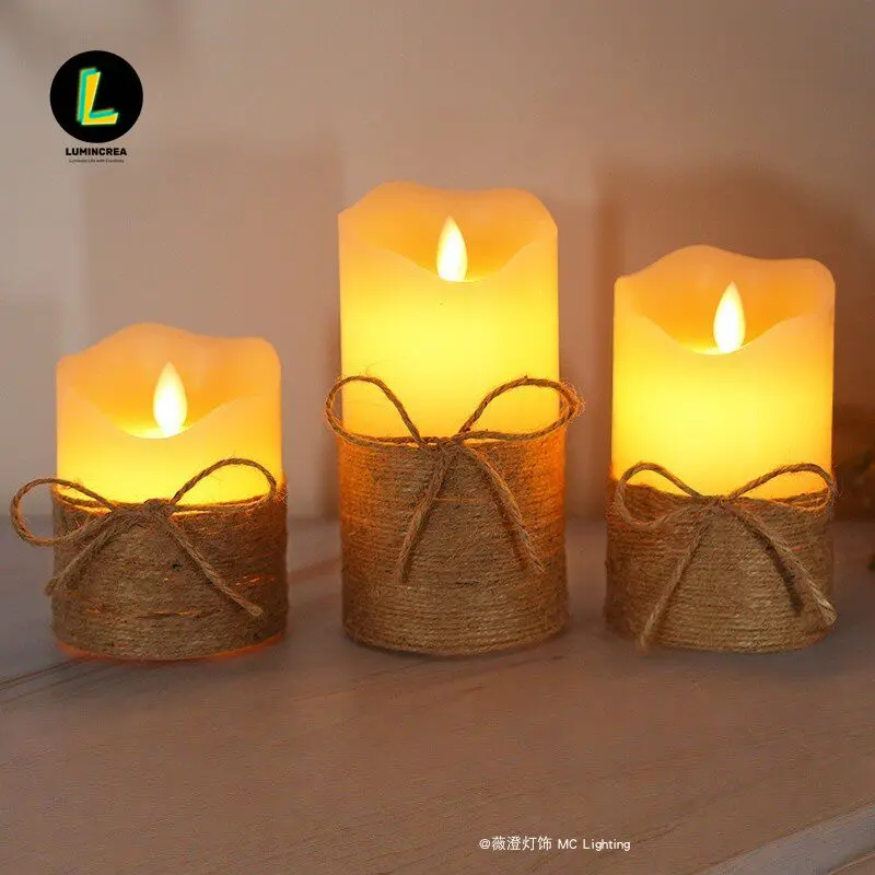 Retro Hemp Rope Warm Light Electronic Candle Light Remote Control Charging Dining Table Romantic Atmosphere Props Simulation Flame Night Light