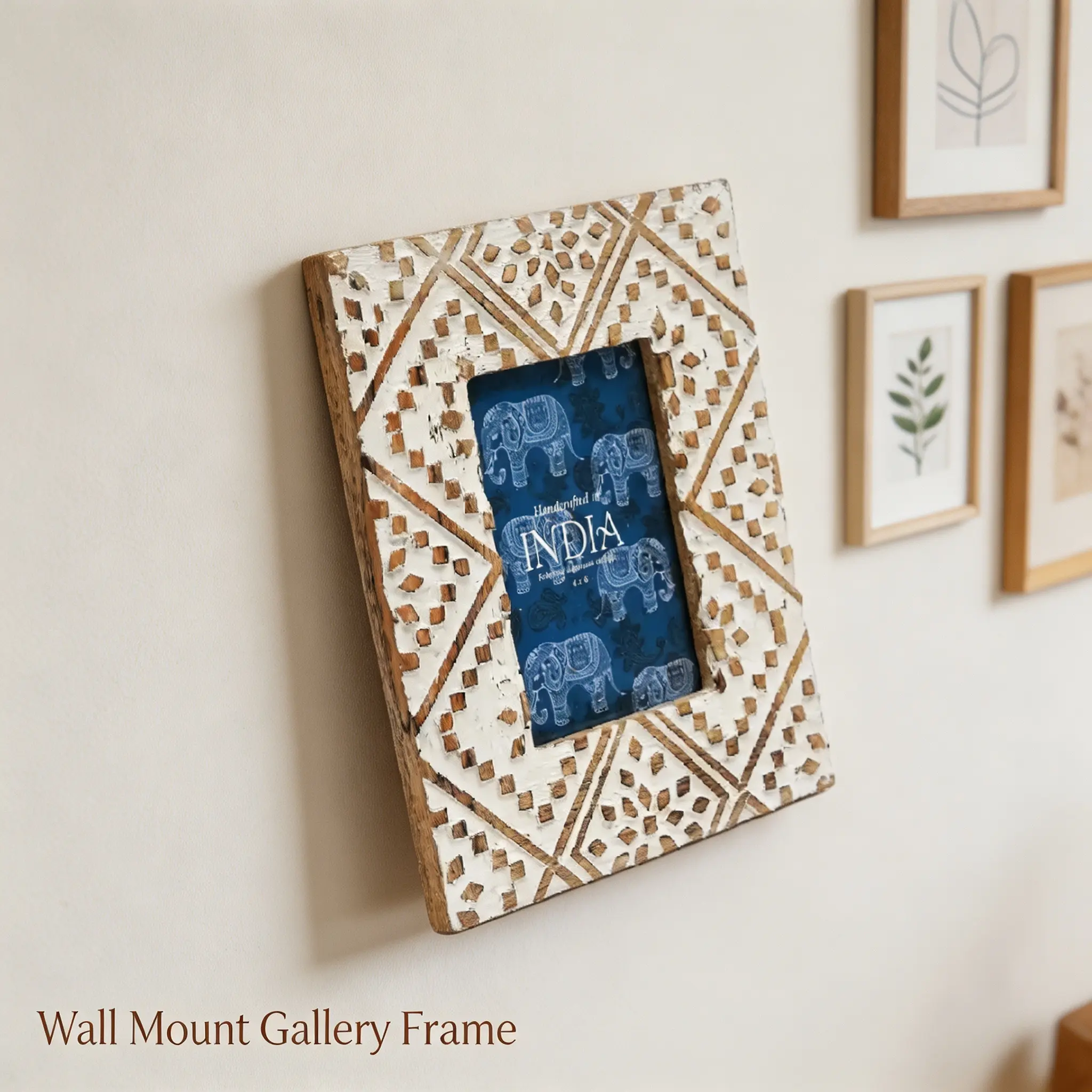 4x6 Mango Wood Picture Frame, Boho Hand Carved Floral Photo Frame with White Detailing, Vintage Wall Mount Tabletop Frame for Farmhouse Bohemian Home Decor