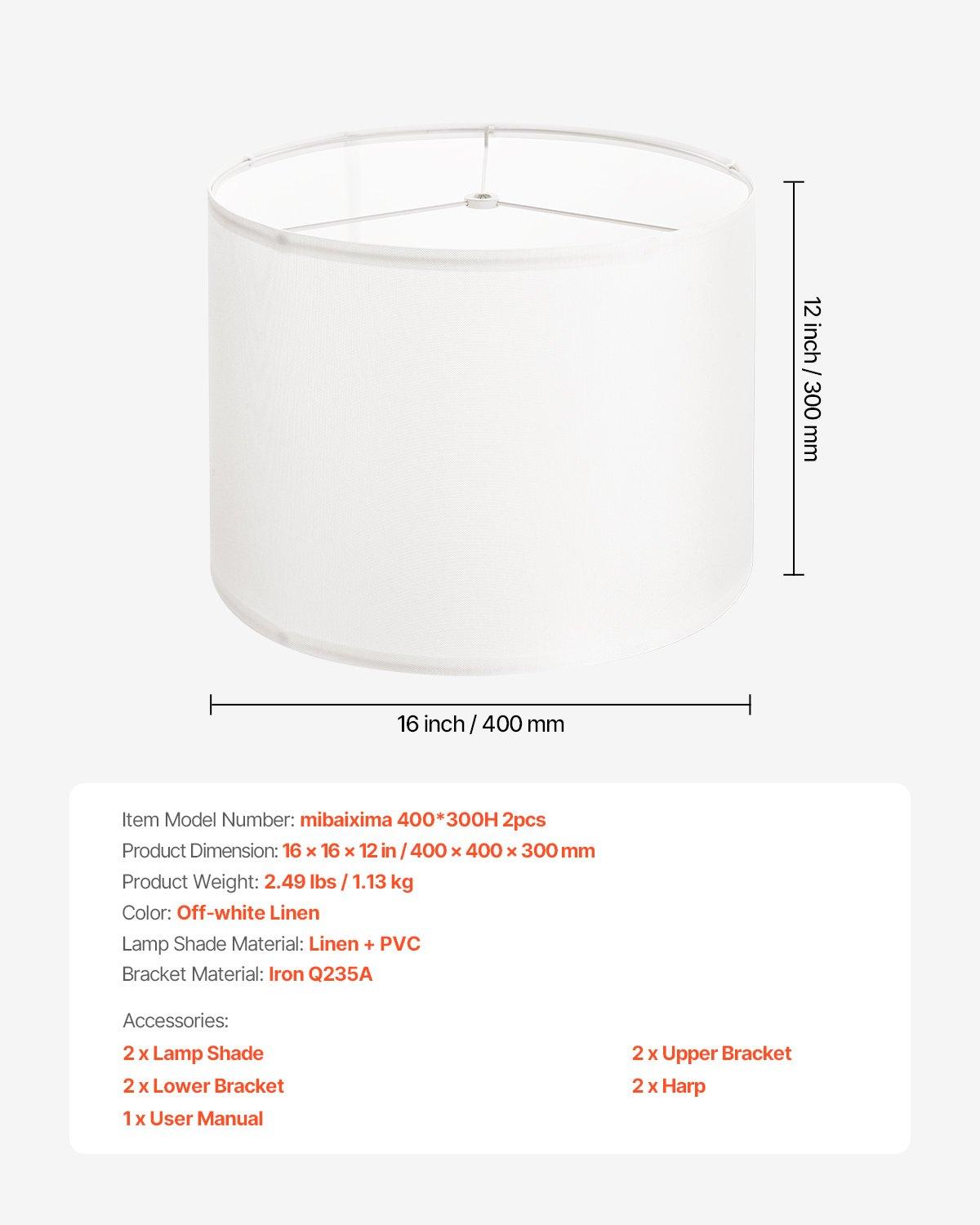 VEVOR Drum Lamp Shade 2 Set, 16 in Top x 16 in Bottom x 12 in High, Large Lampshade with Harp, Replacement Lamp Shade for Table Lamps Floor Lamps Pendant Lights, Easy Assembly Required (Off-white)