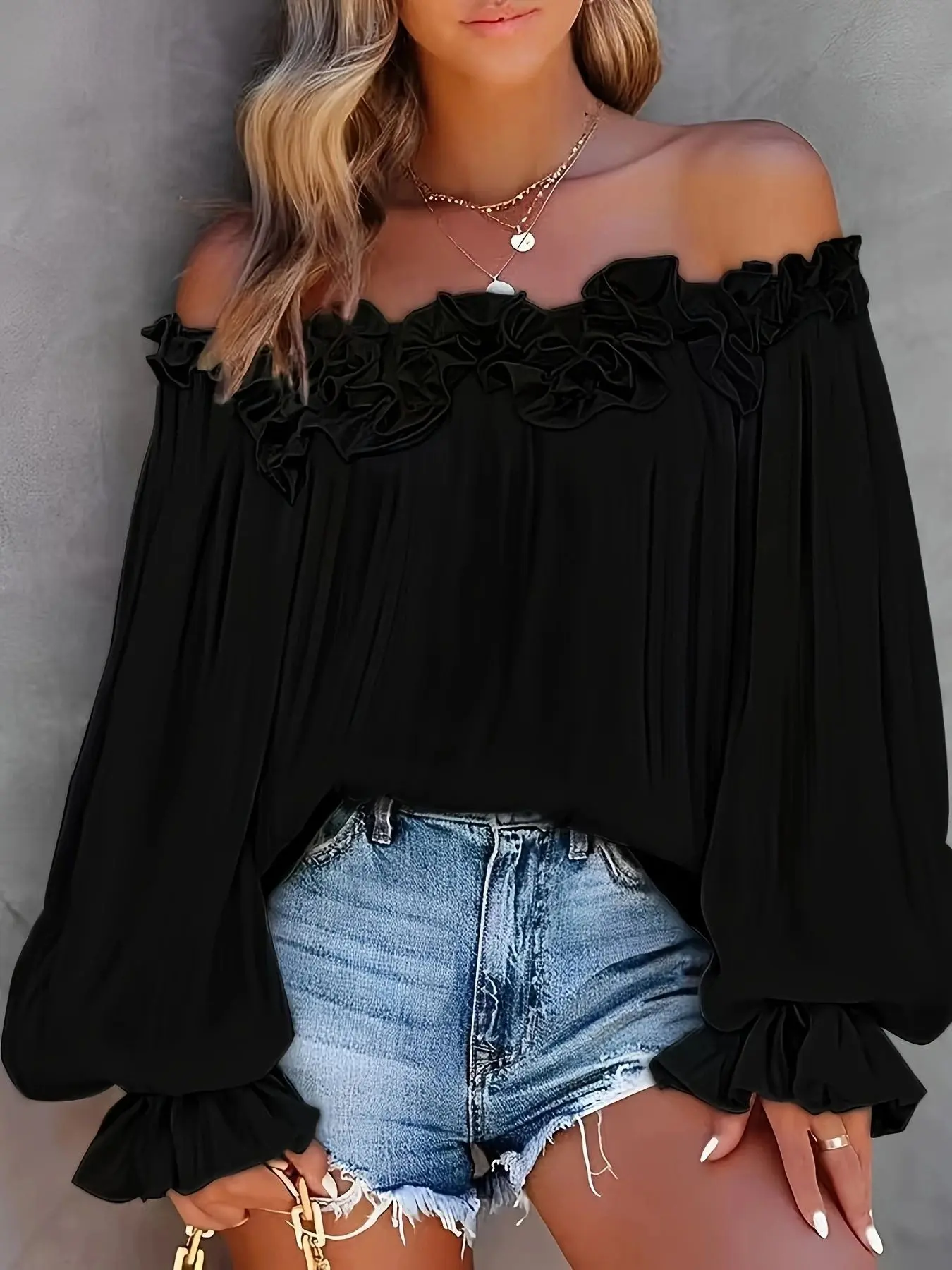 Women Elegant Off-Shoulder Ruffle Blouse, Lantern Sleeve Summer Vacation Top, Cute Loose-Fitting Solid Plain Surface Top, Chic
