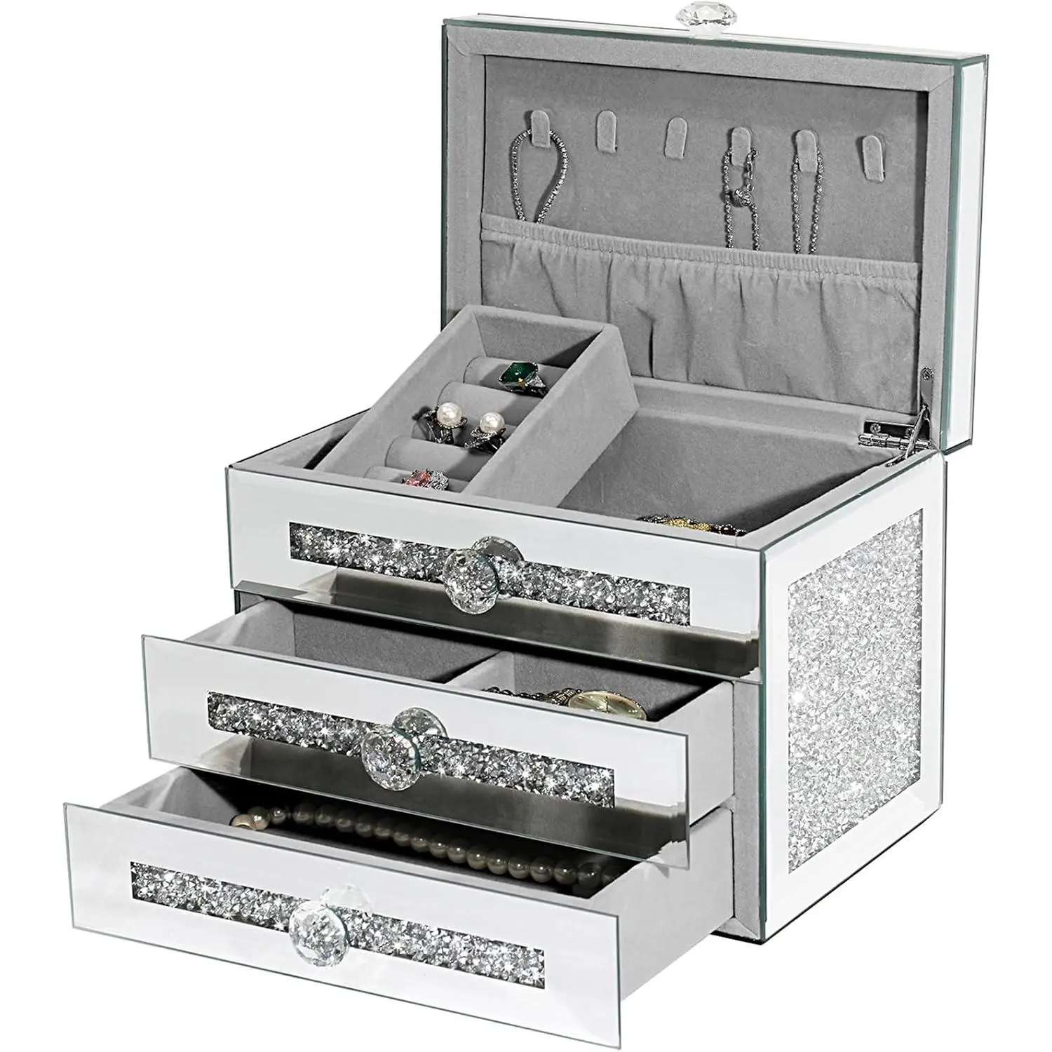 Mirrored Jewelry Box, 3-Layer Glass Jewelry Organizer with Lid & 2 Drawers, Silver Crushed Diamond Home Decor, Fancy Gift for Her (9.3" L x 6.3" W x 7.1" H)
