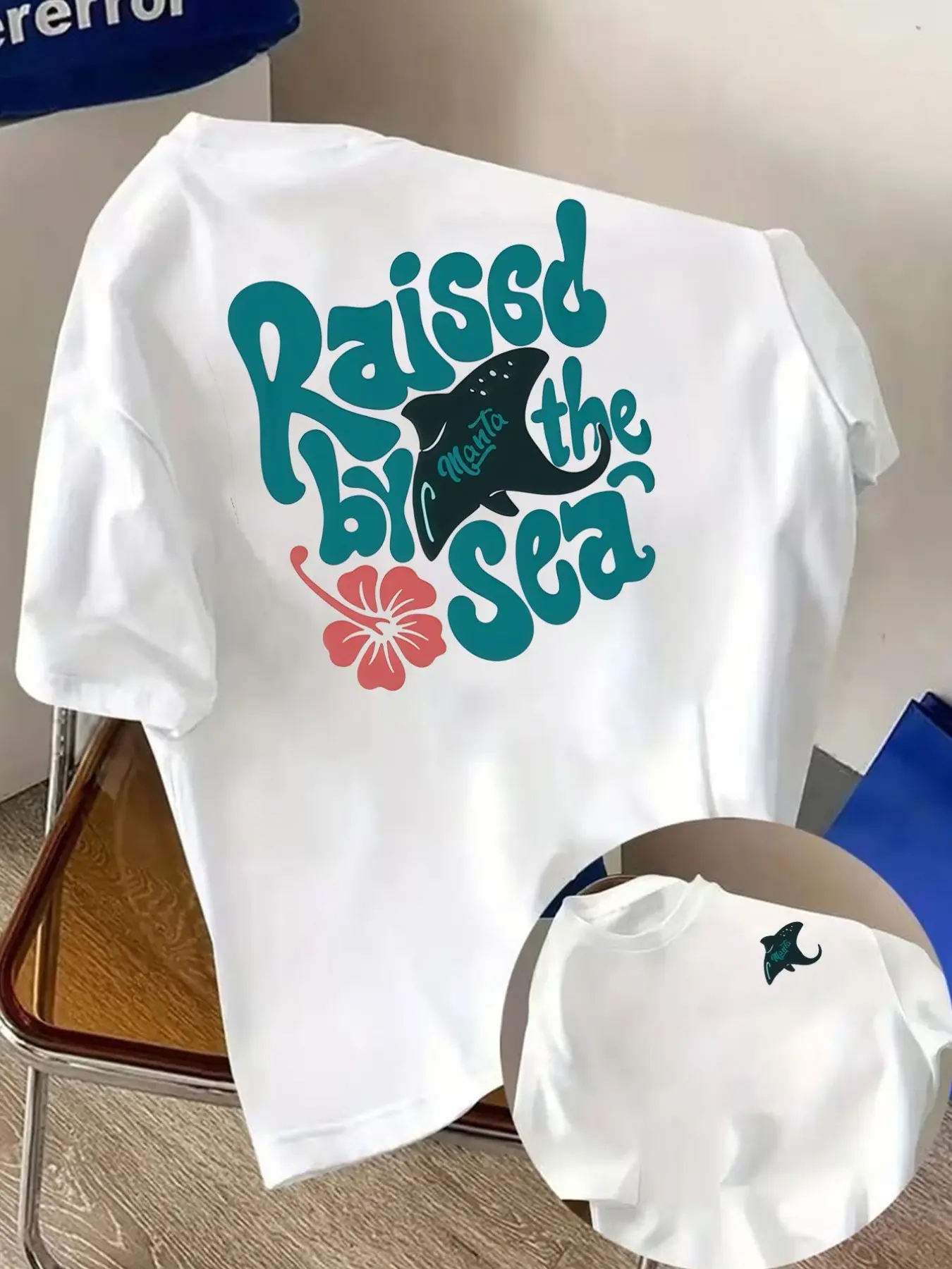 Hawaii Style Devil Fish Back T-Shirt, Casual Crop Top, Fitted Print Design, Unlined, No Button or Zipper, Plain Surface