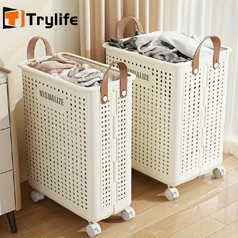 [Foldable Laundry Basket] Extra Large Foldable Laundry Basket With Wheels, Breathable Plastic Rolling Laundry Hamper With Faux Leather Handles, Space-Saving Clothes Storage Bin For Bathroom & Bedroom, Laundry Baskets