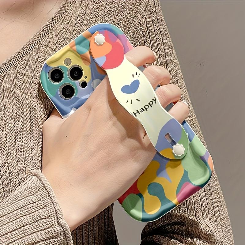 Cream Pattern Wristband for iPhone 17 Pro Max/16/15/14/13/12/11 Happy Design Graffiti Phone Case with Colorful Hearts and Bubbles