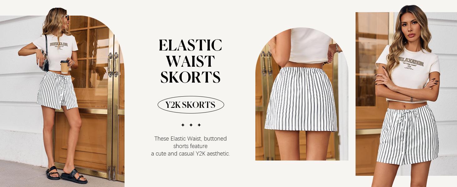 FMEYOA Womens Summer Striped Mini Skirts Casual Drawstring Elastic Waist Button Cute Y2K Skorts Shorts