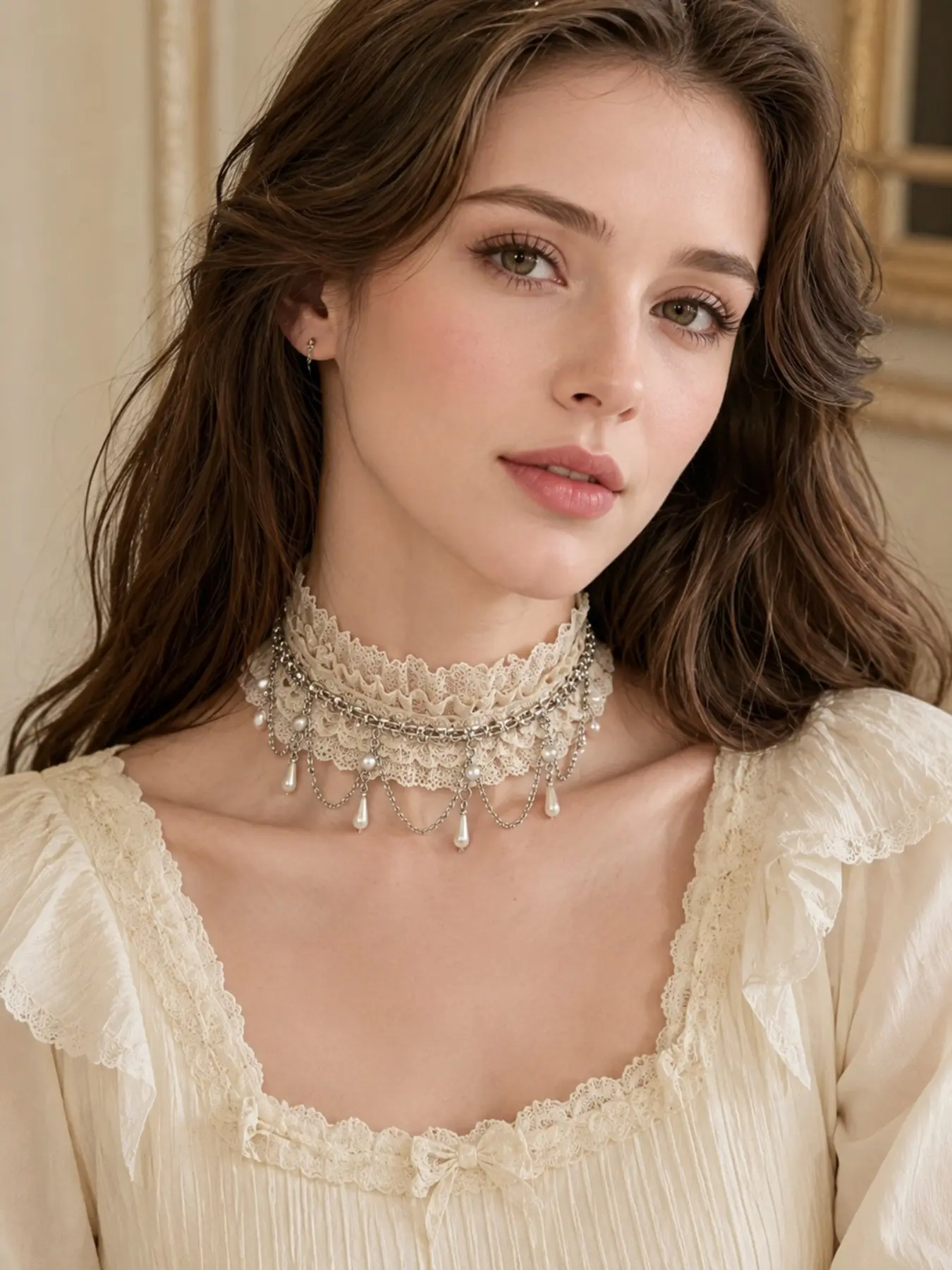 1pc Women's Lace Pearl Tassel Choker Necklace, Vintage Royal Rhinestone Chain Collar Jewelry for Party, Stage, Photoshoot & Festival Outfits Elegant Rhinestone Necklace