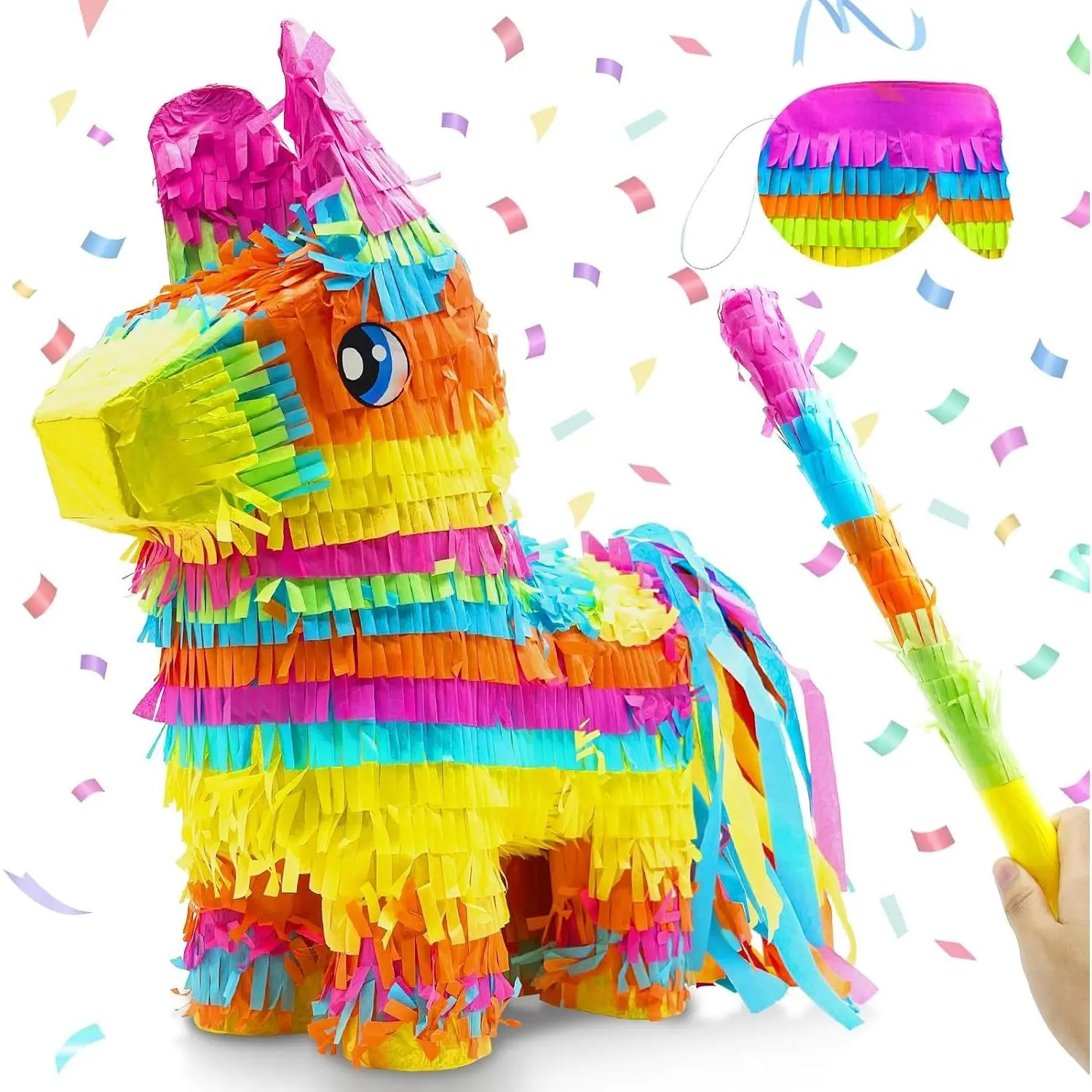 16" Large Rainbow Color Donkey Pinata (16 x 13 x 5.5 in) with Stick and Blindfold for Cinco de Mayo Mexican Party Decoration, Photo Prop Taco Tuesday Event
