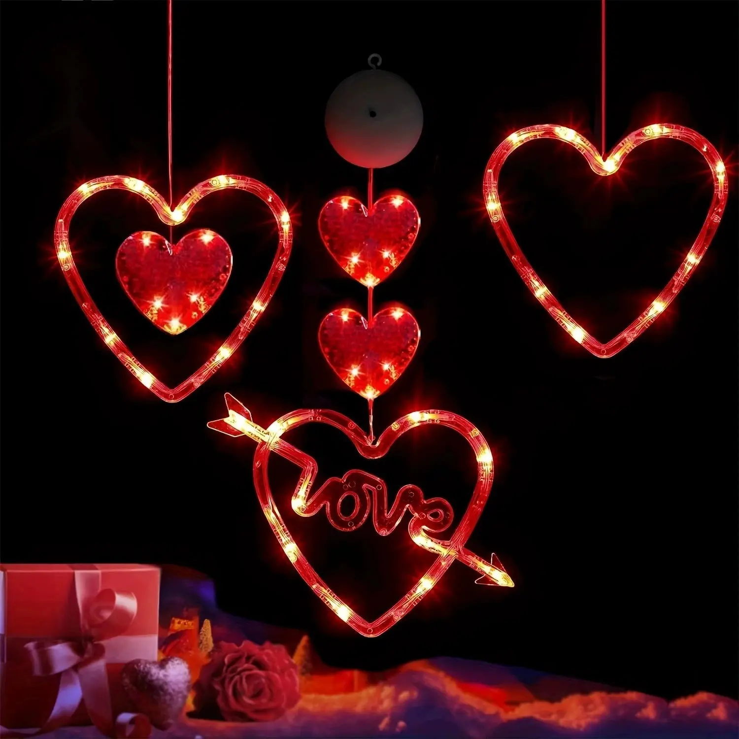 Valentine's Day Window Lights Set with Timer, Battery Operated Heart Shaped Suction Cup LED Lights for Indoor Home Decor