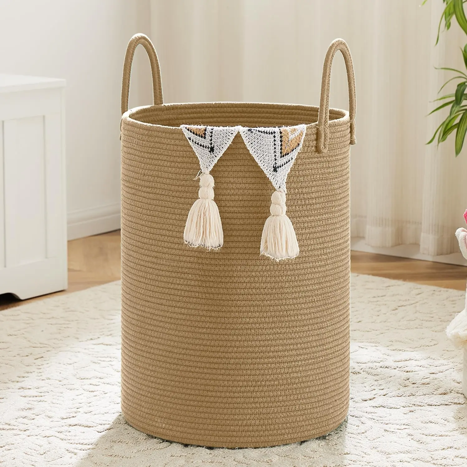 summerwins Woven Cotton Rope Laundry Basket - 40/60/80/100L Home Storage Hamper for Dirty Clothes, Toys in Bathroom, Living Room