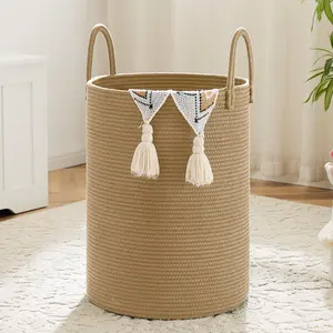 summerwins Woven Cotton Rope Laundry Basket - 40/60/80/100L Home Storage Hamper for Dirty Clothes, Toys in Bathroom, Living Room